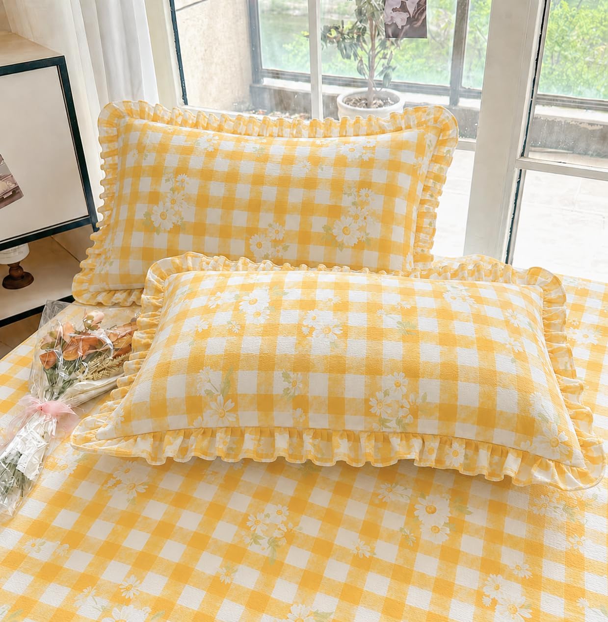 VOMZER King Size (72x78) 300 TC Soft Cotton Feel Microfiber All Around Elastic Fitted Double Bedsheet with 2 Frill Pillow Covers | Yellow Check