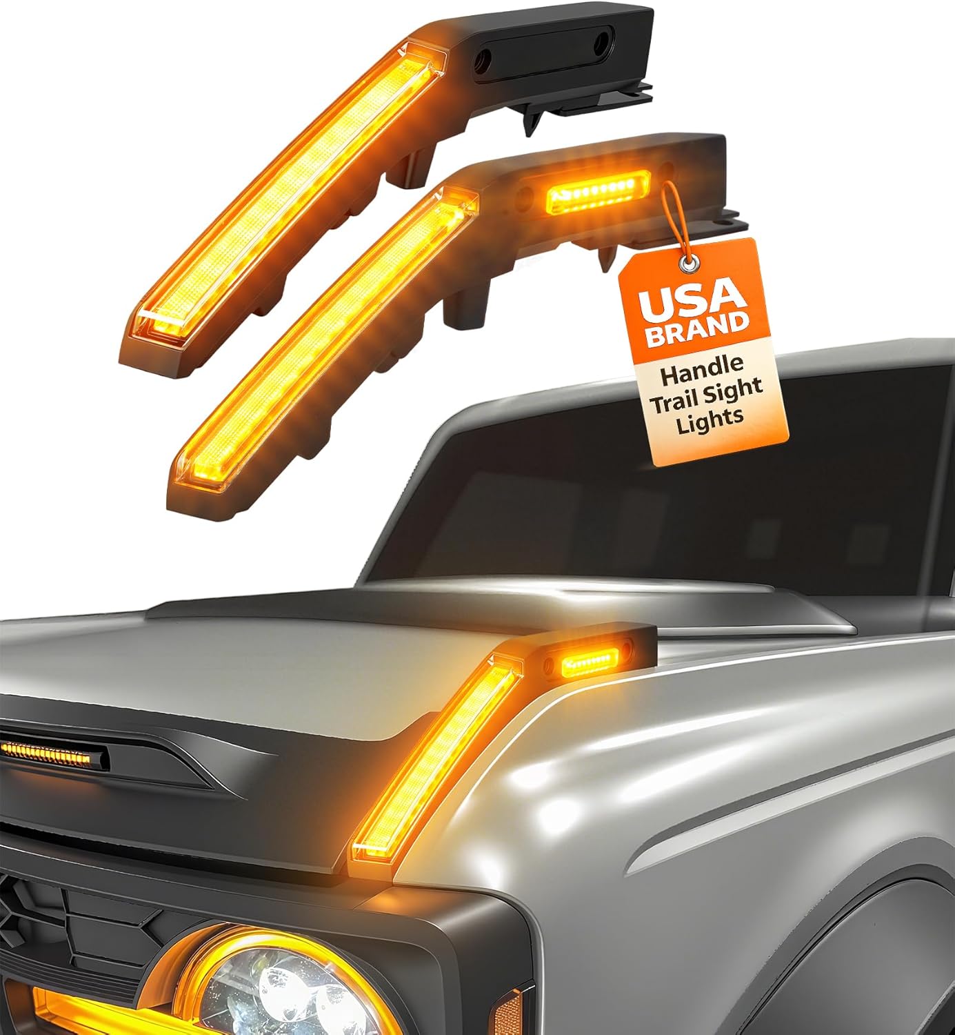 LED Hood Handle Trail Sight Lights for Ford Bronco 2021 2022 2023 2024 2025 2026 Accessories Fog Light Kit Marker Lighting Bar (Amber DRL with Side Markers)