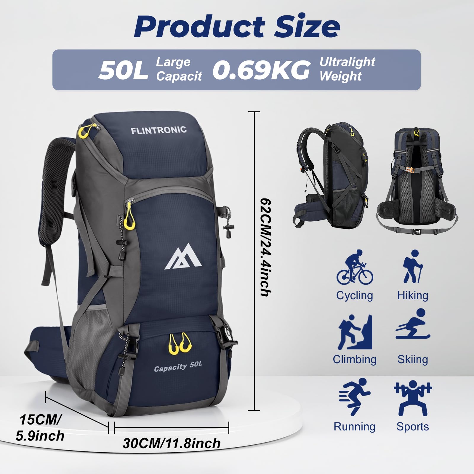 flintronic Plecak turystyczny dla mężczyzn i kobiet, 50 l, plecak outdoorowy, plecak trekkingowy, lekki, wodoszczelny, na podróż, sport, wędrówki, wspinaczkę górską, kemping, niebieski
