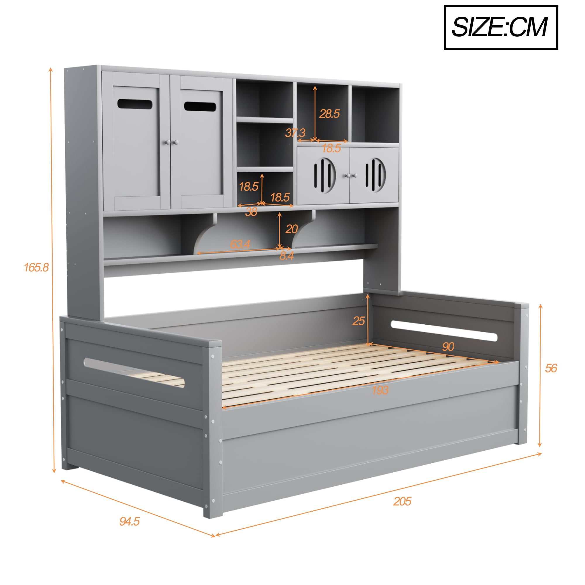 Drewniana sofa z funkcją spania z miejscem do przechowywania, 90 x 200 cm, łóżko hydrauliczne, drewno sosnowe, szara, łóżko pojedyncze, łóżko młodzieżowe, wielofunkcyjne
