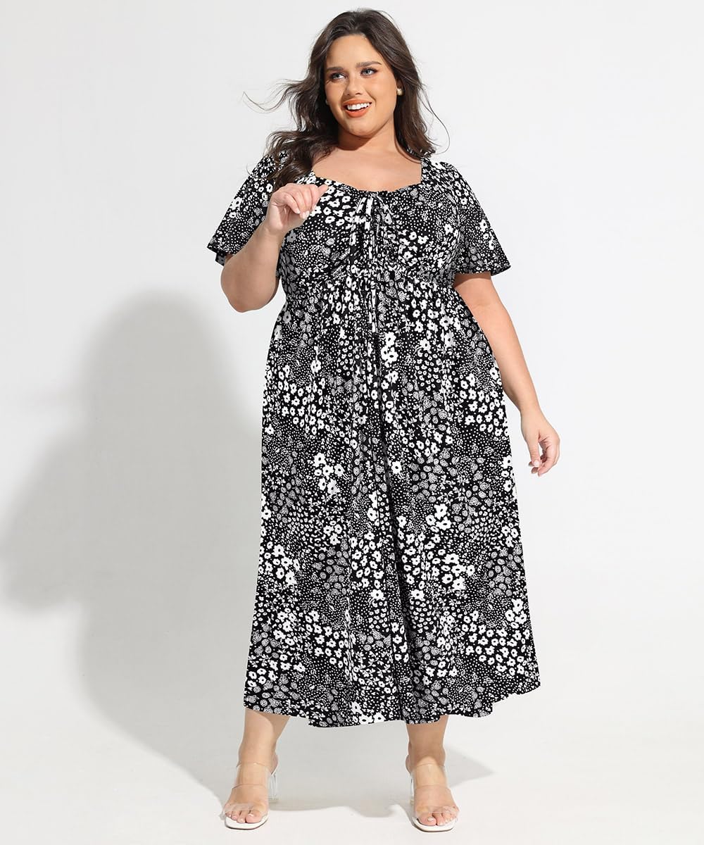 CARCOS Plus Size Dresses for Curvy Women Tie Sweetheart Neck Summer Maxi Dress Short Sleeve Empire Waist Floral Boho Dress - Image 2