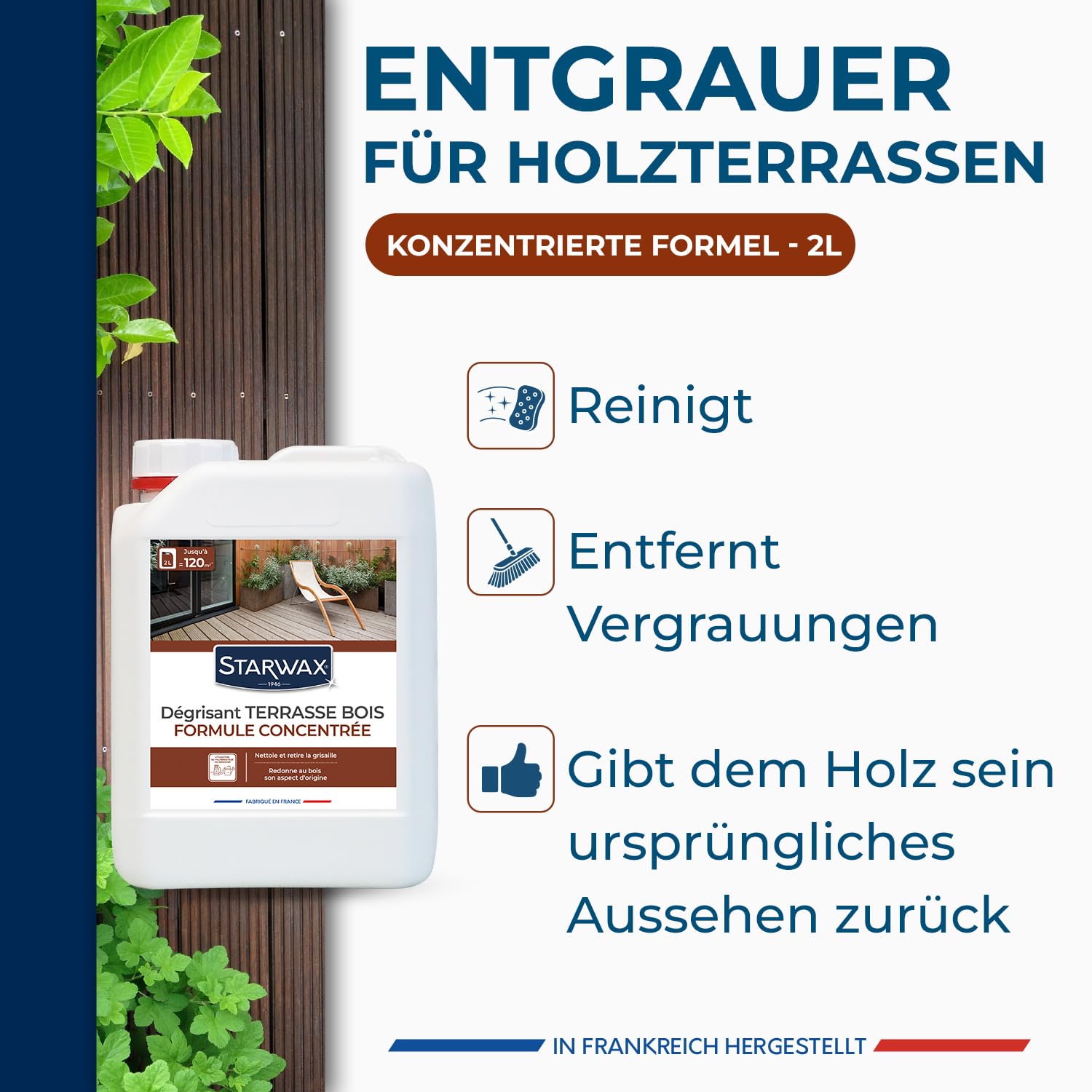 STARWAX Konzentrierter Holzterrassen-Entgrauer 2 l | Reinigt und entgraut gründlich, stellt ursprüngliches Aussehen wieder her, 60–120 m²