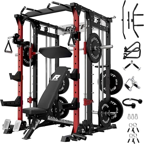 Miniatura 13 de RitFit Máquina Buffalo Smith, jaula eléctrica con sistema LAT-Pull Down y sistema de cruce de cables, estante de sentadillas todo en uno para