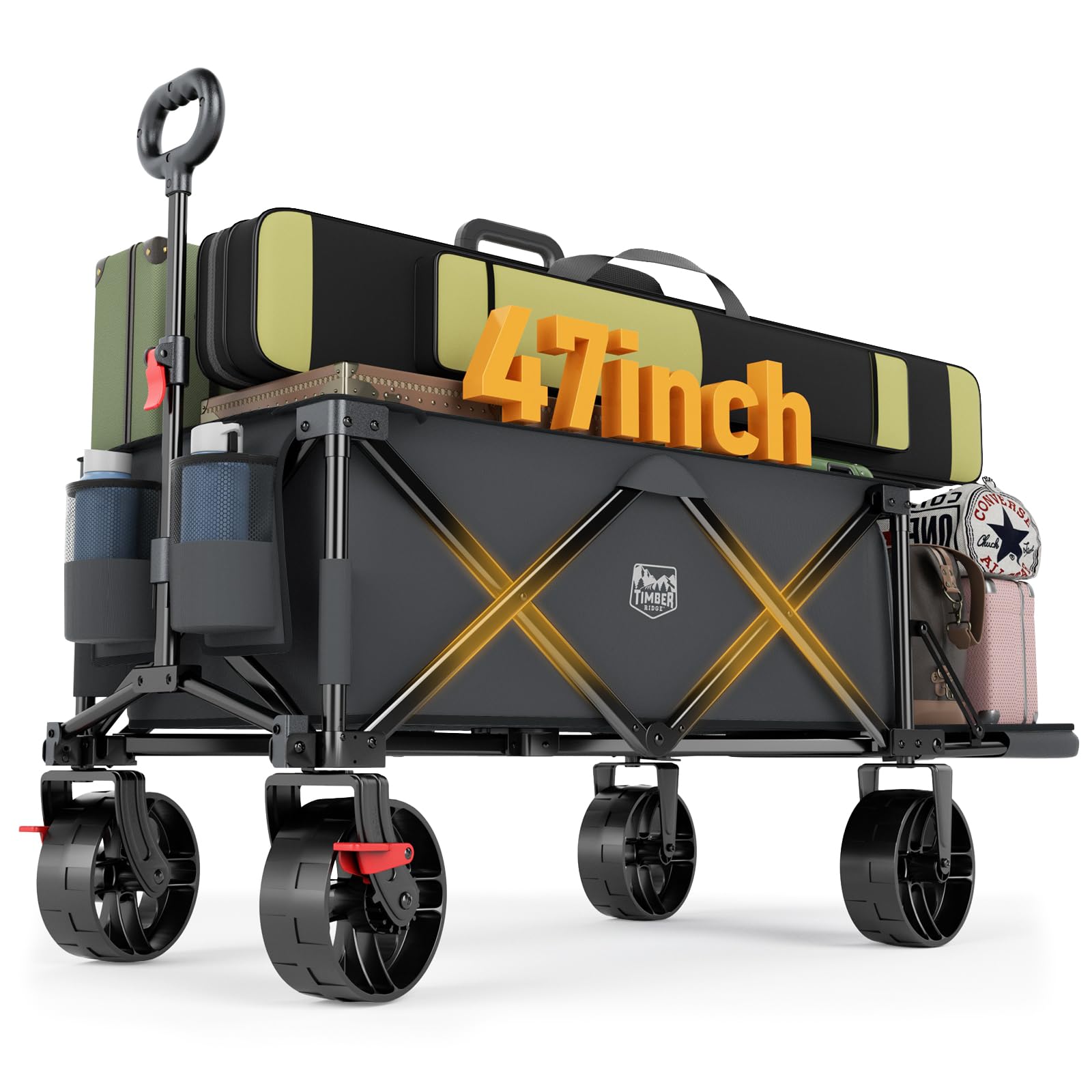 TIMBER RIDGE 47" L Collapsible Folding Wagon with Tailgate, 300lbs Heavy Duty Beach Wagon with All-Terrain Big Wheels, 250L Foldable Utility Cart for Sand Camping Sports Shopping, Grey