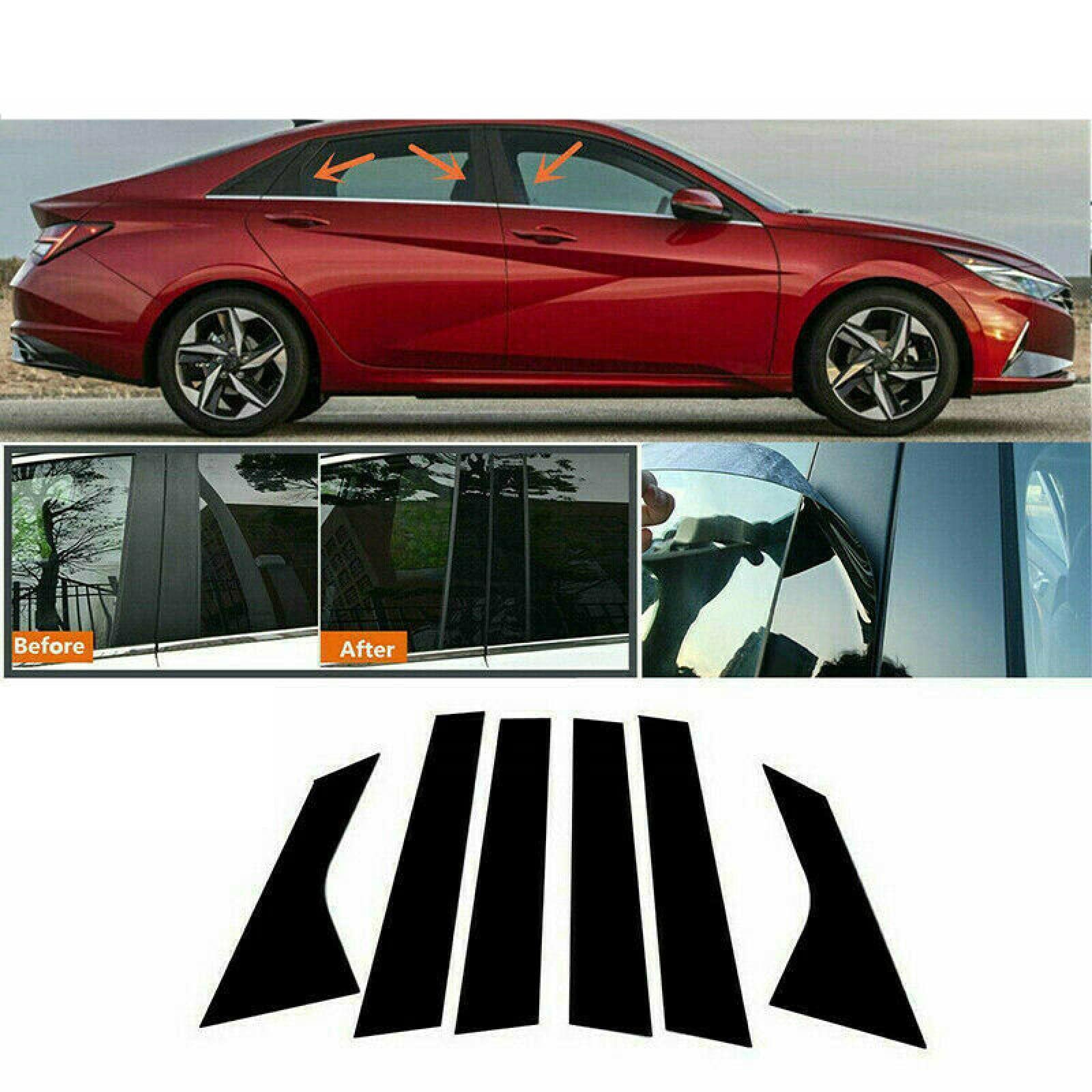 6-Piece Glossy Black Door Pillar Covers For Hyundai Elantra 2020-2022 - PVC Exterior Trim Stickers