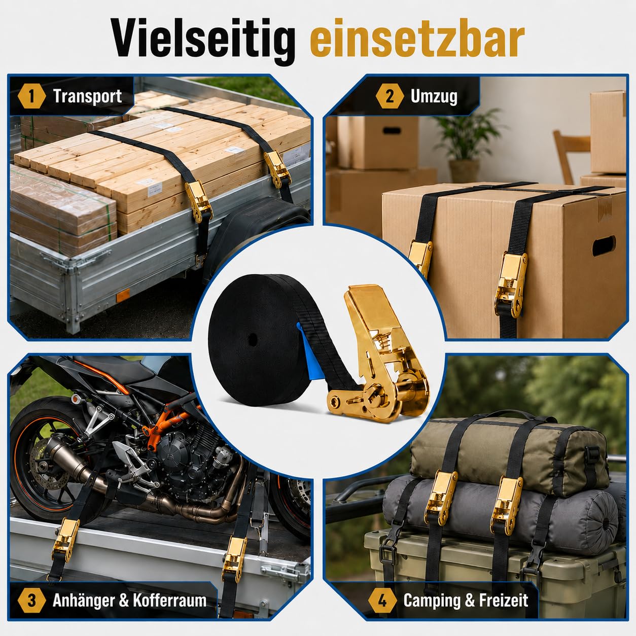 4 Stück 15m Lange 25mm breit Spanngurte mit Ratschenschloss, 800 kg | Ratschengurte Set Zurrgurte mit Ratsche Befestigungsriemen Verstellbare Befestigungsriemen für Feste Ladung, Schwarz