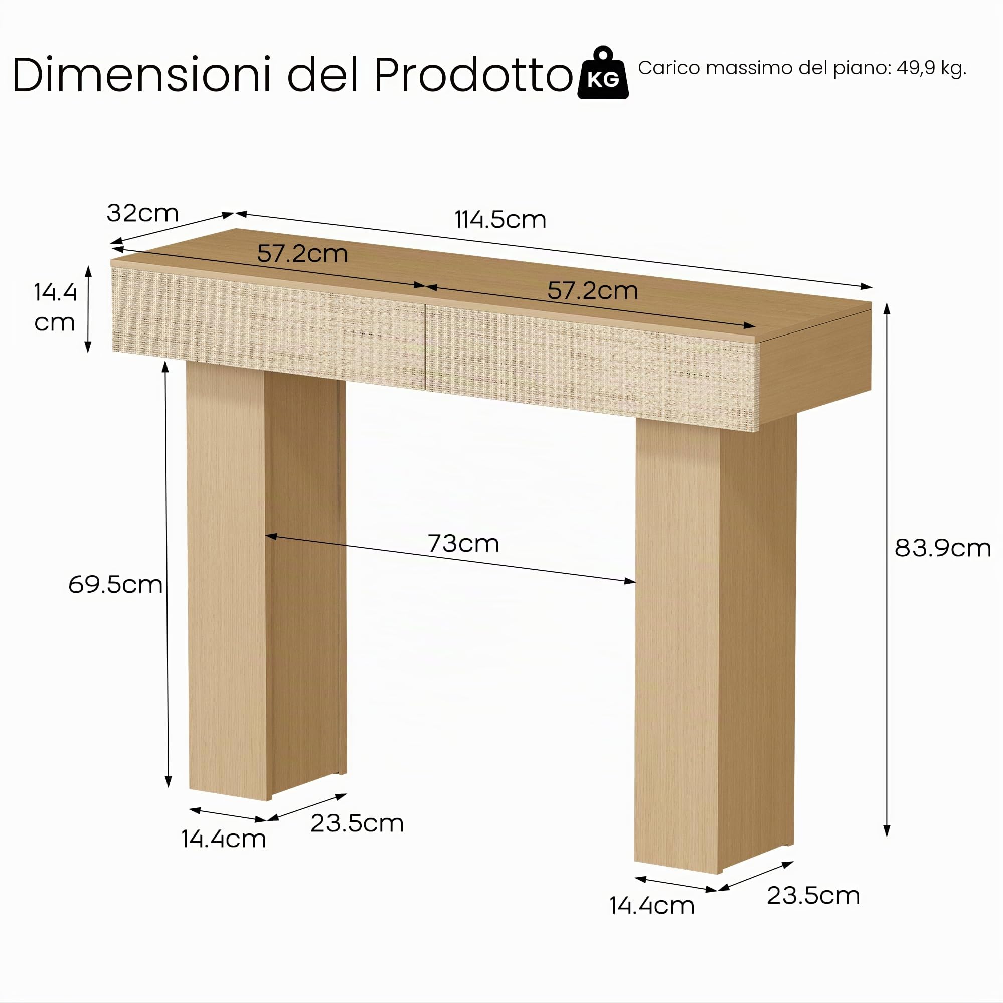 Consolle con 2 Cassetti in Rattan, 114 cm Tavolo Divano Moderno con Ripiano, Struttura in Legno Ingenierizzato per Ingresso, Soggiorno e Corridoio