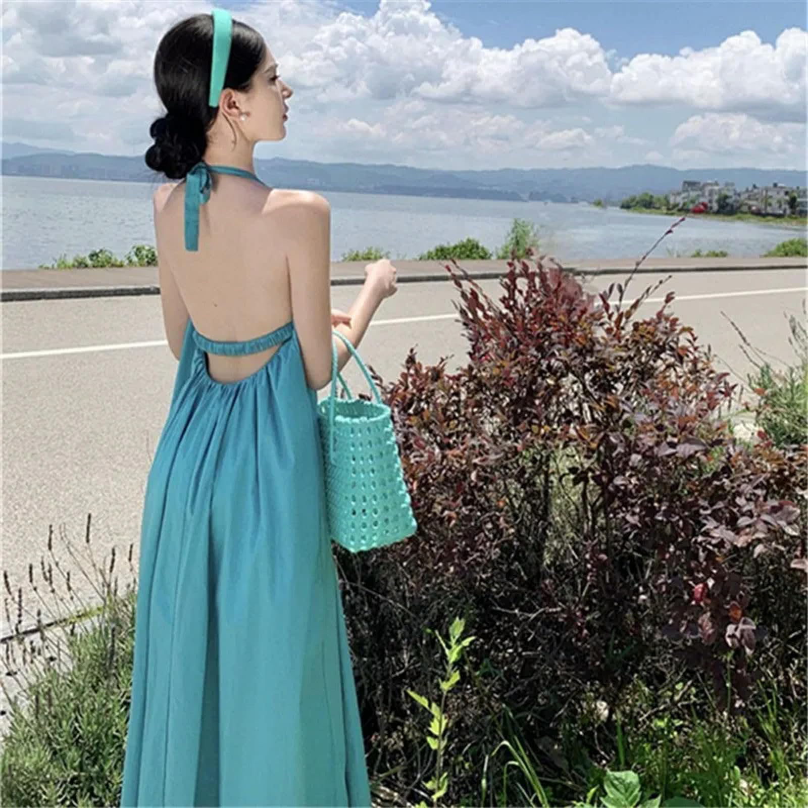 Gonne da Donna Womens Sims Drest Holiday Style Halter Halter Deste Senza Schienale Donne Abito Estivo Abito Summer Midi Abiti Unici Sciolti