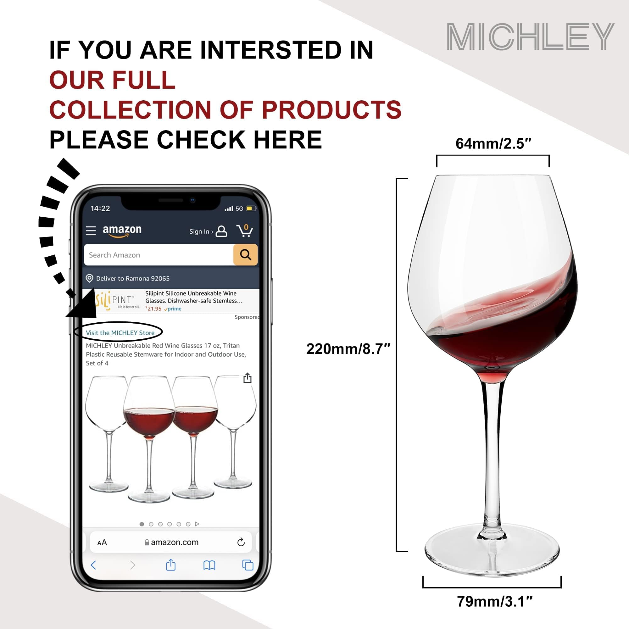 MICHLEY Lot de 6 verres à vin rouge incassables en plastique Tritan réutilisables pour l'intérieur et l'extérieur 500 ml