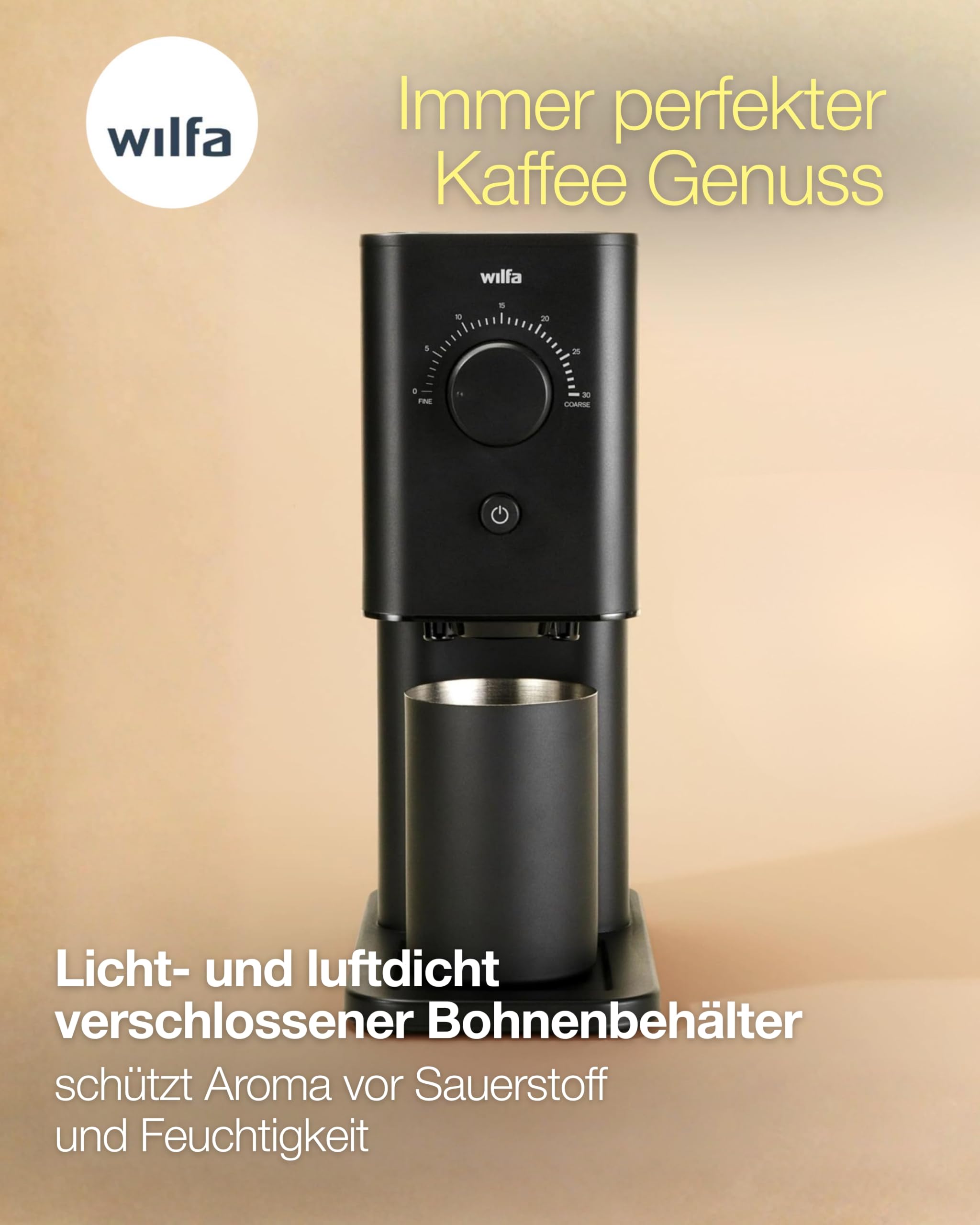 Wilfa Zense Alux Kaffeemühle elektrisch I 30 Mahlgrade für Espresso, Filterkaffee & French Press I 40 mm Edelstahl-Flachmahlwerk I Direkt in den Siebträger mahlen I Antistatik-System IAluminiumgehäuse