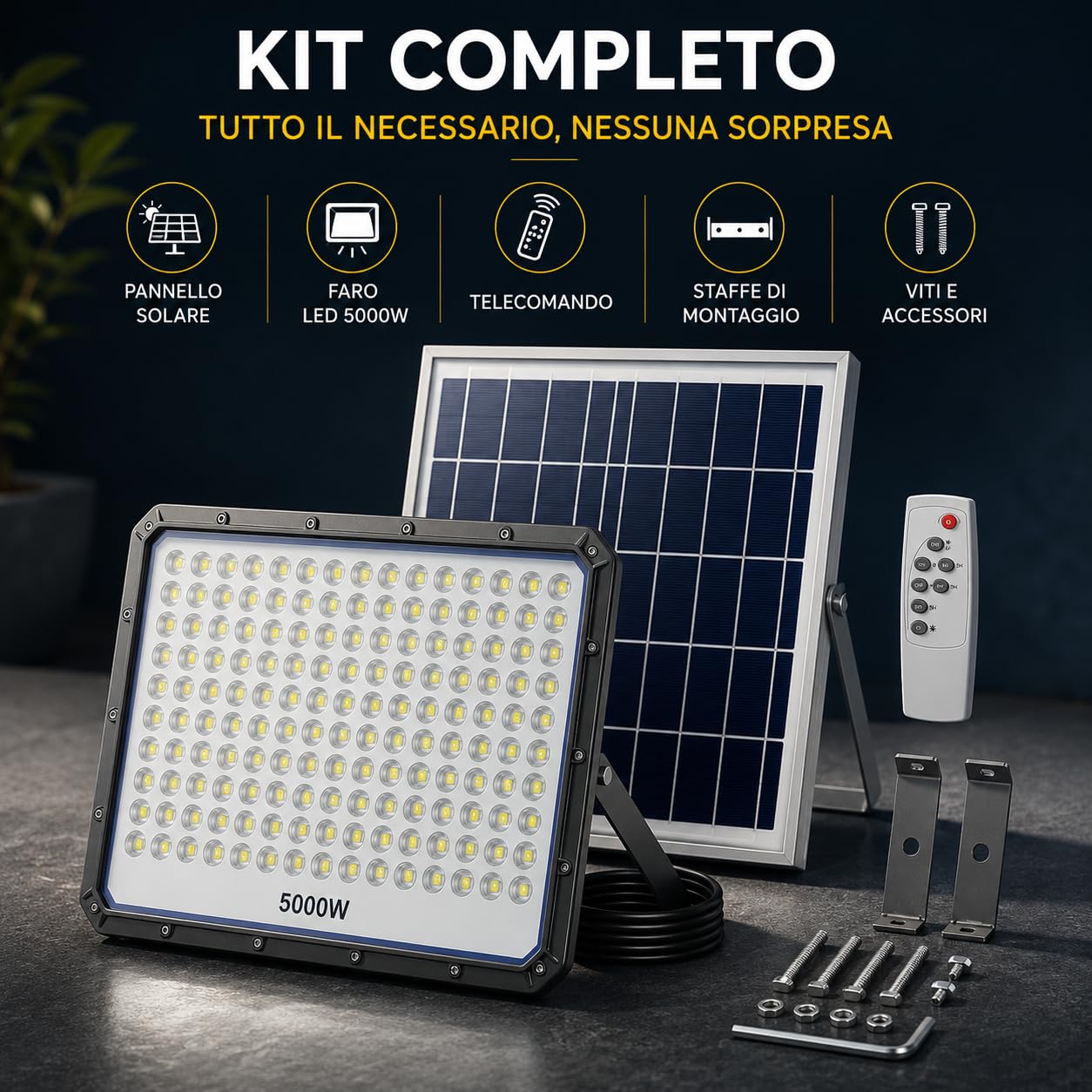 Faro Solare LED Esterno 5000W, 320 LED ad Alta Luminosità, IP66 Impermeabile, Luce Bianca Fredda 6500K, Telecomando, Autonomia fino a 12 Ore, Illuminazione per Giardino, Garage, Cortile e Terrazzo
