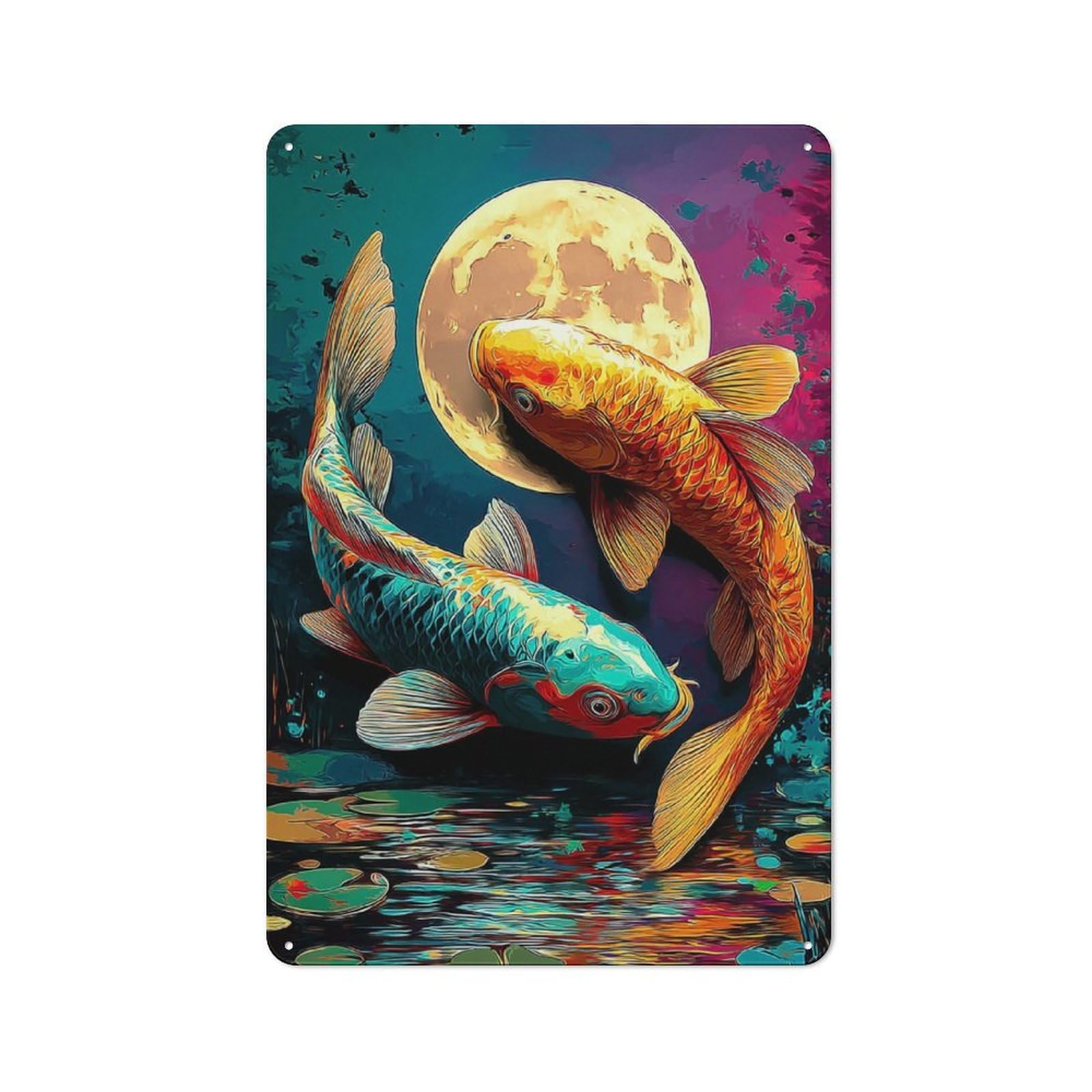 Vintage Metal Sign with Koi Fish Under The Moonlit Sky -1 Design 30x20cm, Vintage Bar Wall Plaque for Cafe, Pub, Workshop Or Home Bar