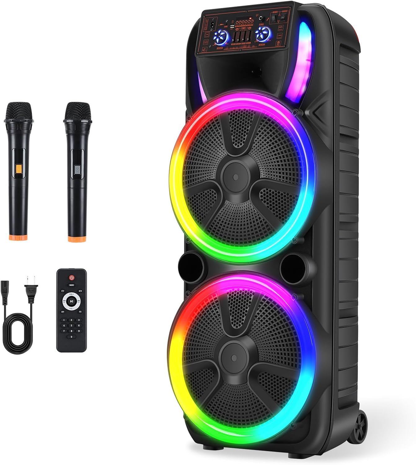 Dual 15'' Wireless Party Bluetooth Speaker, Portable PA Speaker Systems with 2 Wireless Microphones & Remote Control, Karaoke Machine with DJ Lights, TWS, REC, FM Radio, Treble Adjustment