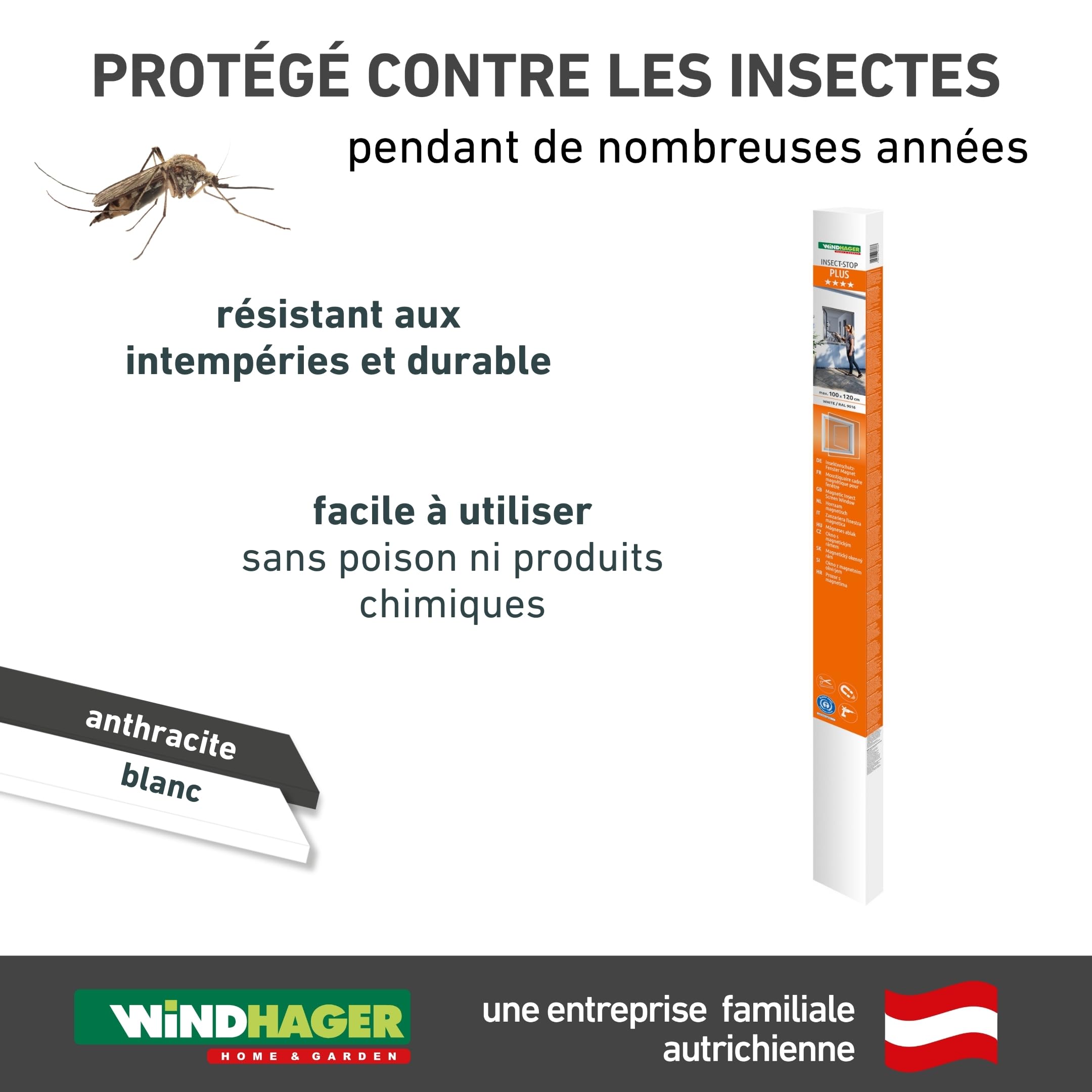 Windhager Moustiquaire fenêtre magnétique, 100x120 cm, blanc, cadre aimanté sans perçage, maille fibre de verre résistante, recoupable, montage facile pour fenêtres standard, 04300