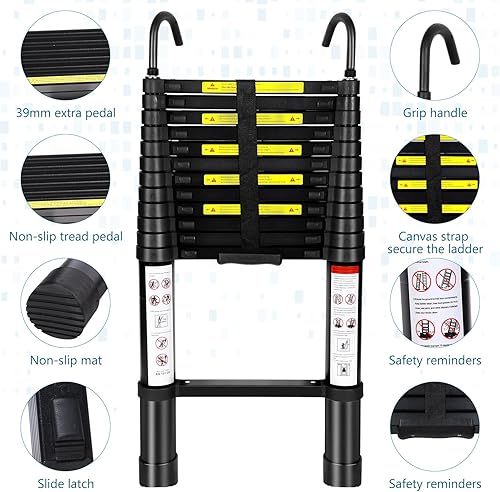 Miniatura 3 de Escalera telescópica de aluminio plegable de 12.5 pies con gancho, escalera plegable multiusos, capacidad de carga de 330 libras, para el hogar,