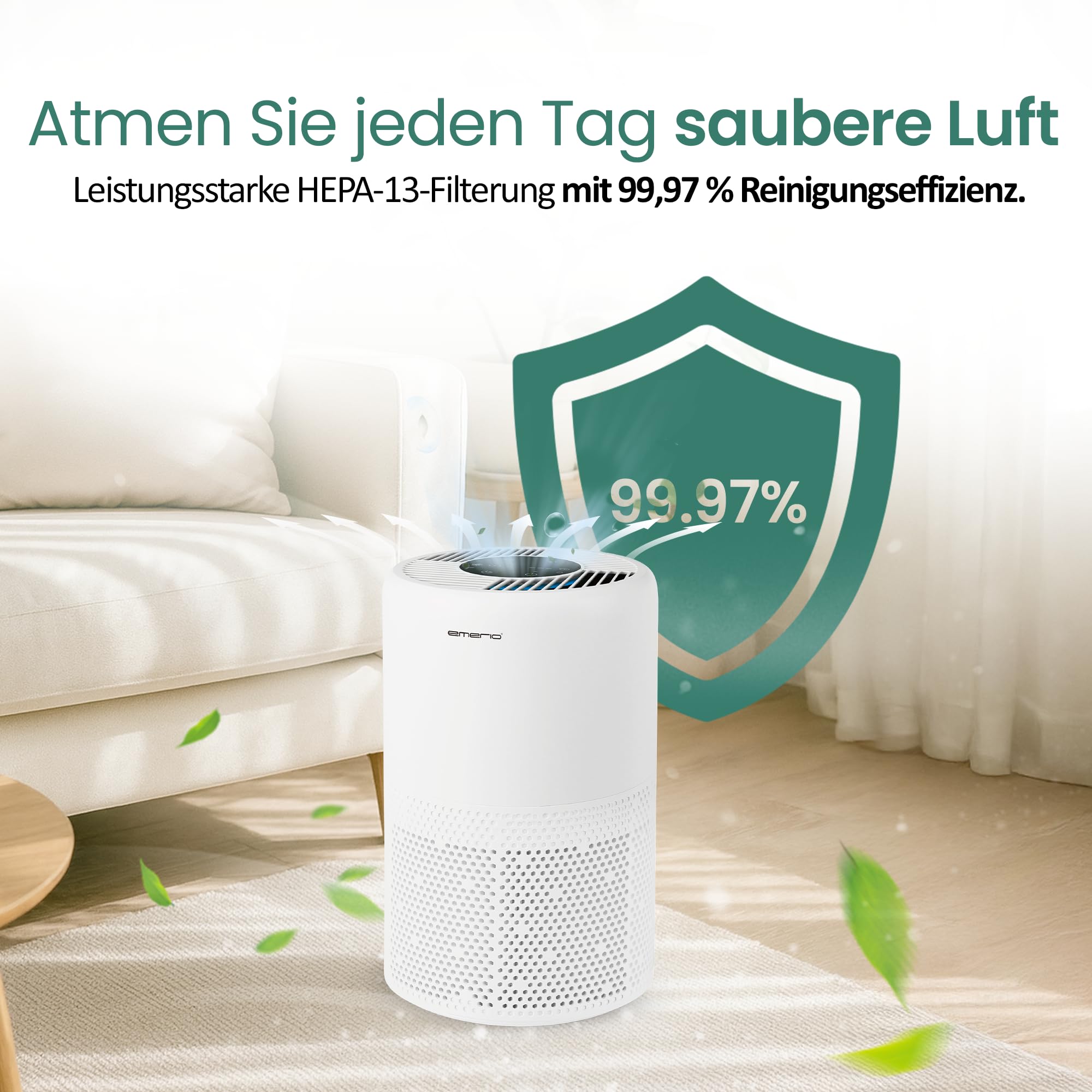 EMERIO Purificatore d'aria con filtro HEPA 13 (potenza del filtro al 99,97%) contro muffa, polvere, polline e odori | WLAN: Smart Life, funzione ionica e timer, adatto per ambienti fino a 25 m² |