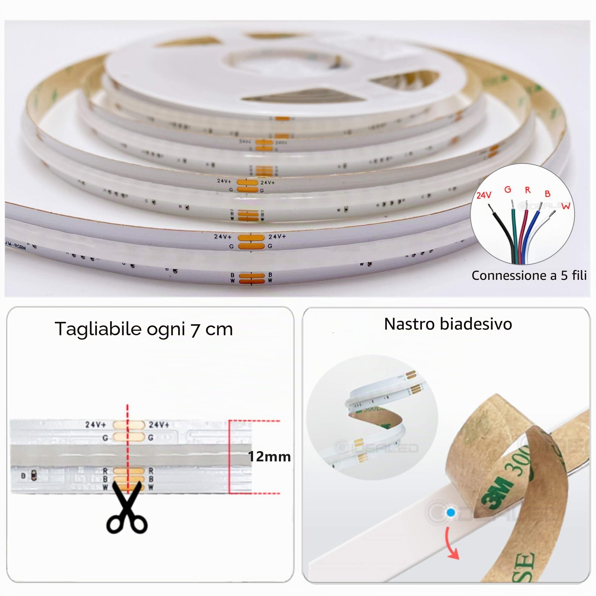 Striscia LED COB RGBW, CC 24 V, 5 m, dimmerabile, RGB, bianco caldo, flessibile, ad alta densità, luce uniforme, 3920 LED, 5 fili RGBWW per illuminazione ambientale, solo striscia LED RGBW, senza