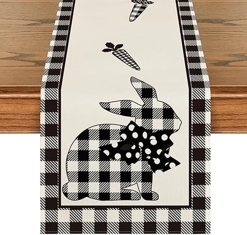 Artoid Mode Camino de mesa de Pascua con zanahorias de conejo a cuadros de búfalo, primavera, verano, aniversario, vacaciones, cocina, comedor,