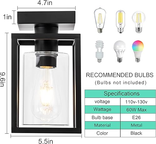 Miniatura 3 de Lámpara de techo de montaje empotrado con pantalla de vidrio transparente, marco de metal negro para cocina, isla, entrada, porche, vestíbulo,