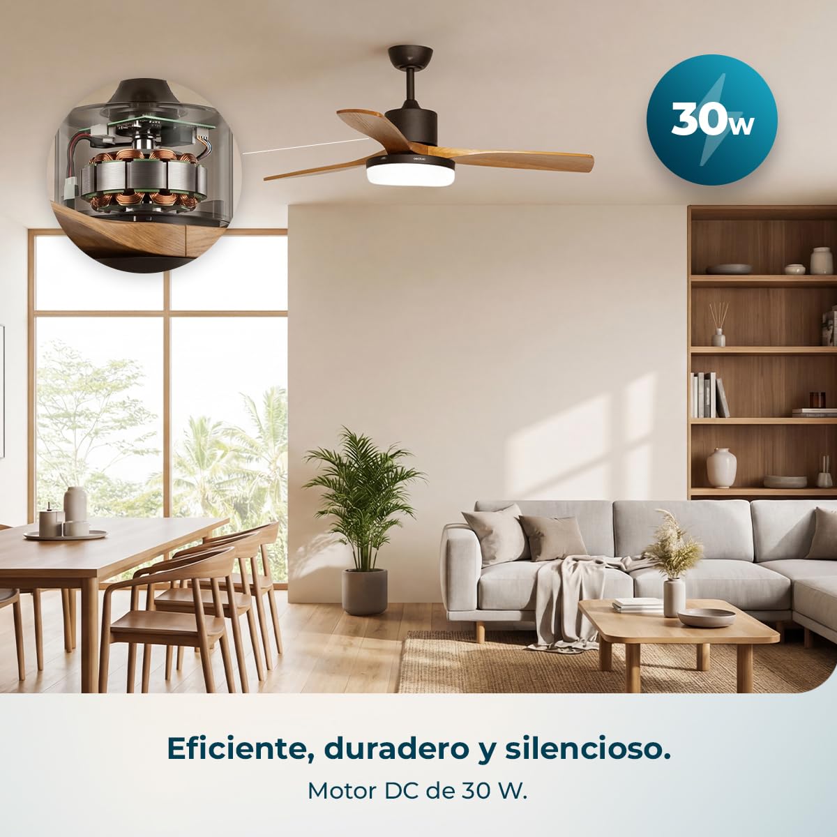 Cecotec Ventilador de Techo con Luz EnergySilence Aero 520 Willow. 30W, Motor DC, Diámetro 52” (132cm), 3 Aspas, 3 Tonos LED, Mando a Distancia, Temporizador y 6 Velocidades, Modo Winter-Summer | Fernbedienung, 6 Geschwindigkeitsstufen, Sommer-/Winterfunk