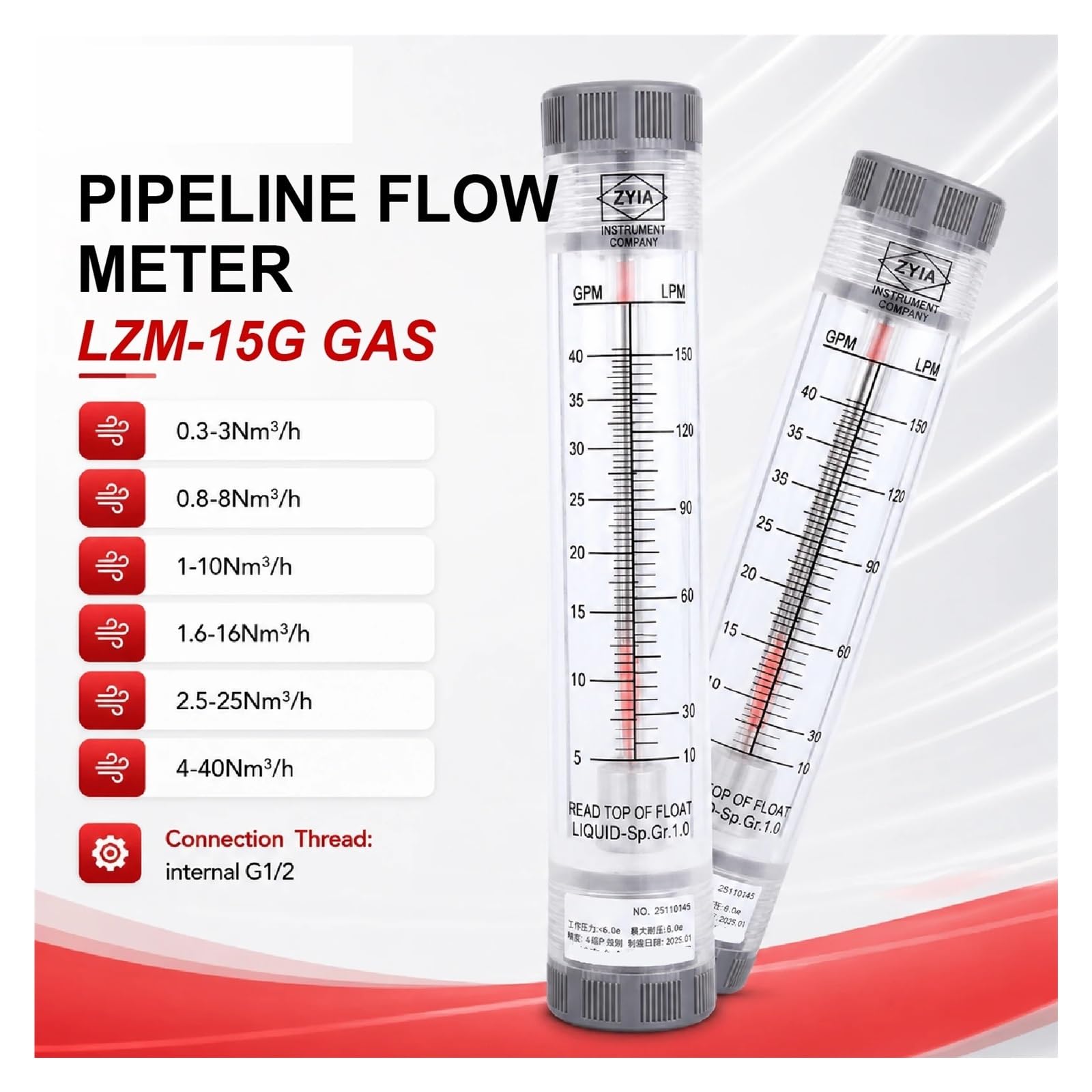 Rotámetro acrílico 0,3-40Nm3/h del medidor de Flujo de Gas de tubería de LZM-15G en línea(1.6-16Nm3-H)