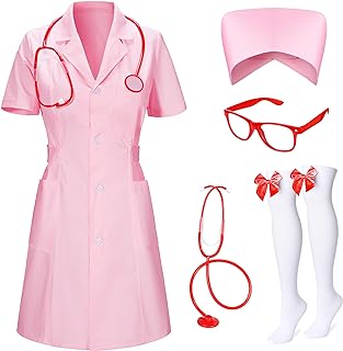 Women 5Pcs Halloween Nurse Costume Set Doctor Outfit Lab Coat Nurse Hat Cosplay Party Costume Accessories