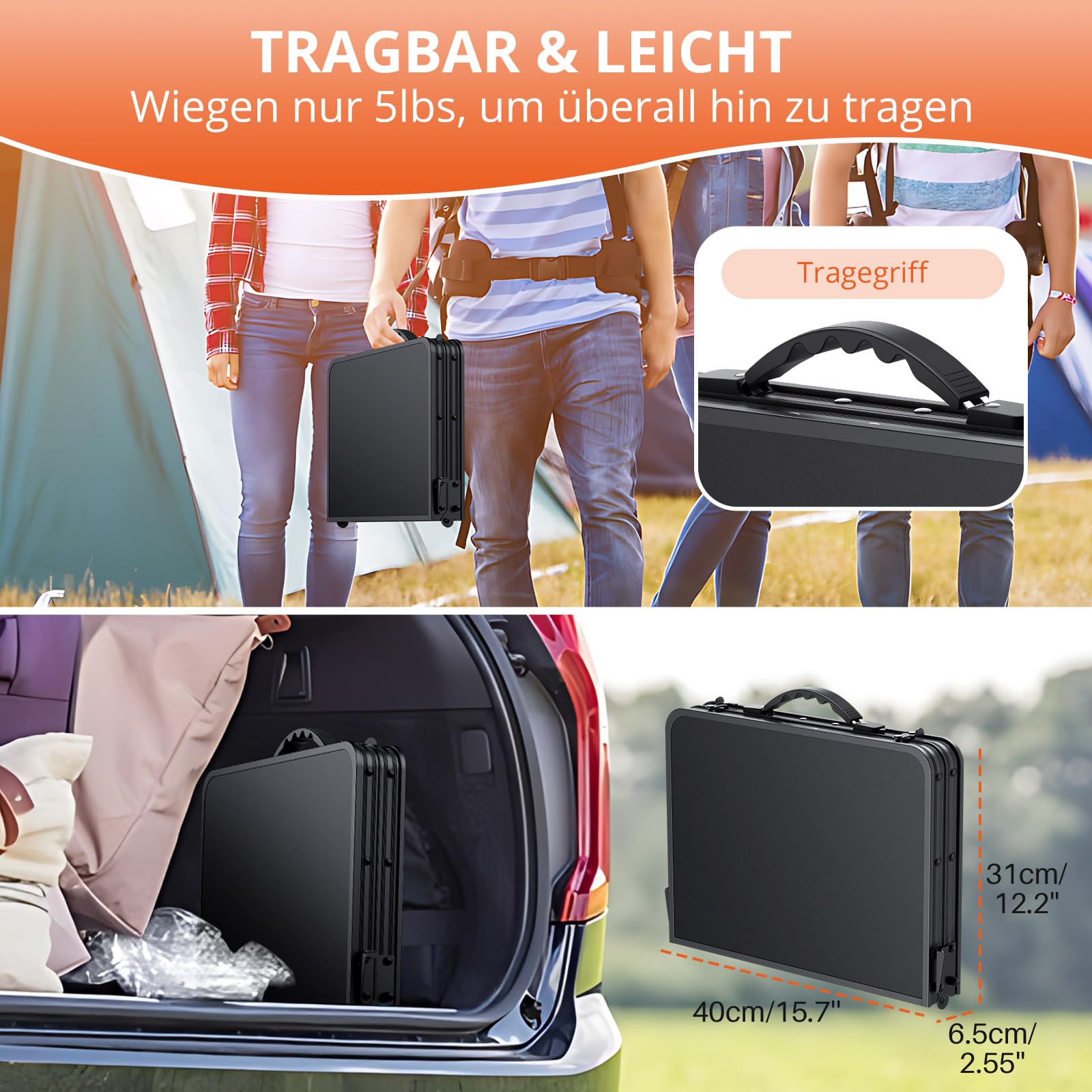 FUNYKICH Campingtisch Klapptisch 58x40cm, Faltbarer Grilltisch mit 3 Höhen Verstellbarer(26/48/70cm), Aluminium Tragbar Falttisch, MDF Platten Multifunktionstisch für Picknick Camping Balkon - Schwarz