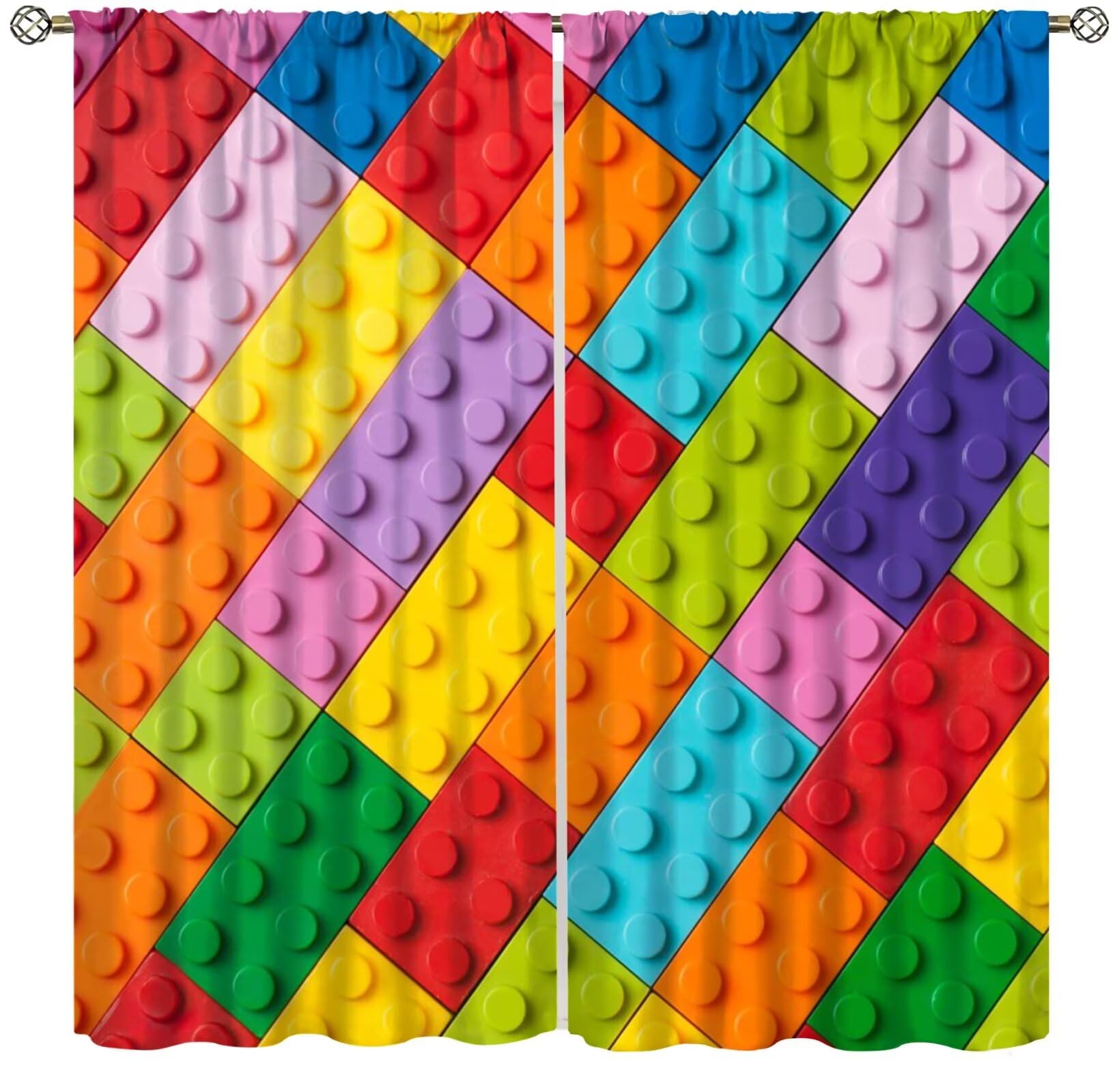 Kids Boys Window Curtains, Building Blocks Toys Treatments Colorful Plastic Brick Geometric Print Pattern Abstract Contour Drapes for Nursery Living Room,42x63 Inch Blackout