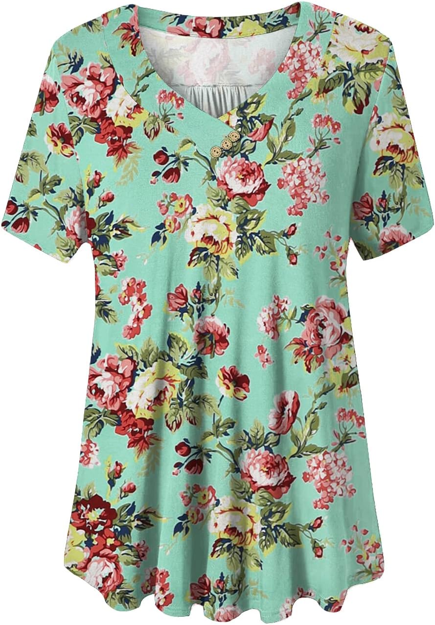 FOLUNSI Women’s Plus Size Short Sleeve Henley Shirt V Neck Floral Blouses Tunic Tops M-4XL