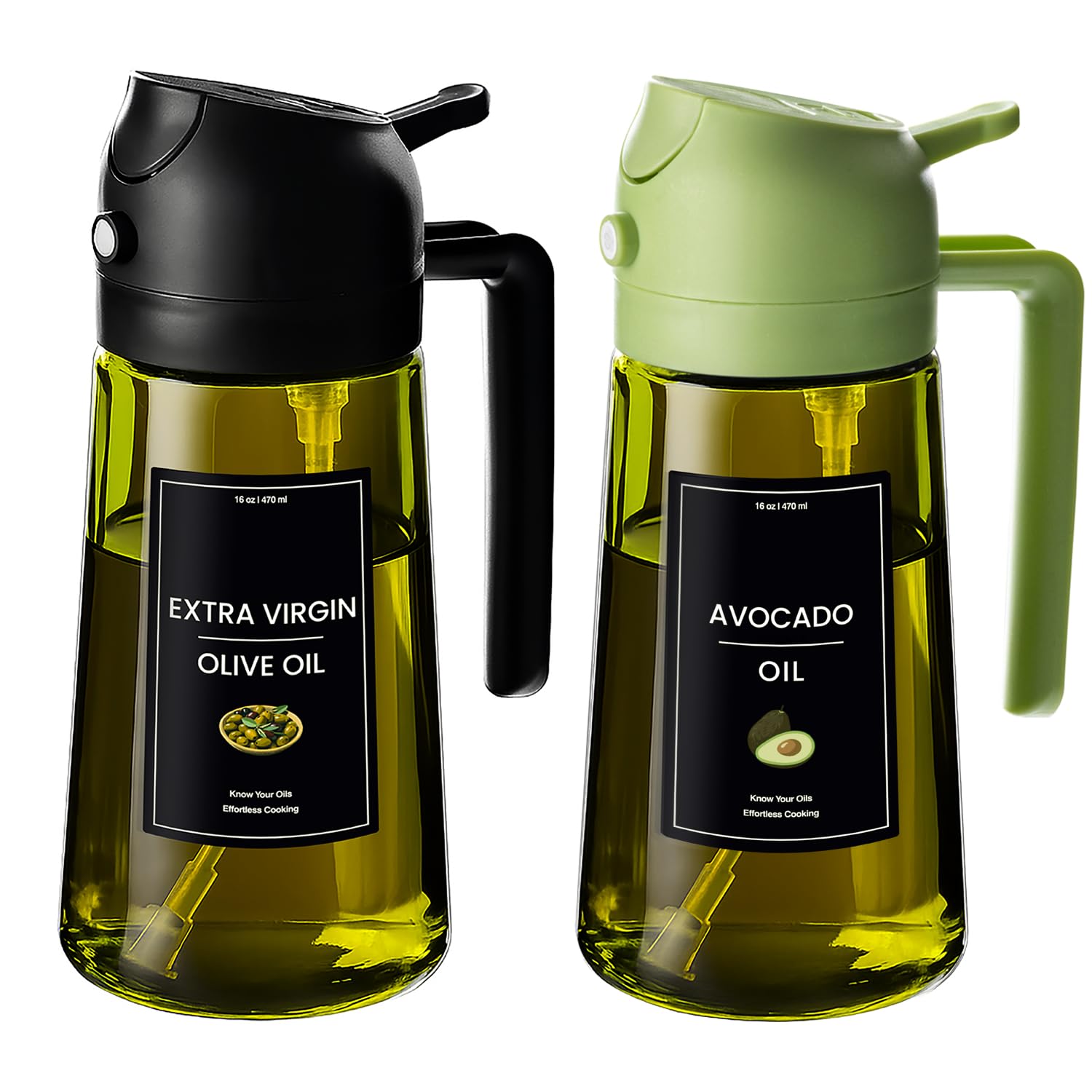 16oz/470ml Olive Oil Dispenser for Kitchen with Stickers - 2 in 1 Olive Oil Sprayer for Cooking, Air Fryer, and Salad, Black&Green (Light-Proof Kitchen Gadget)