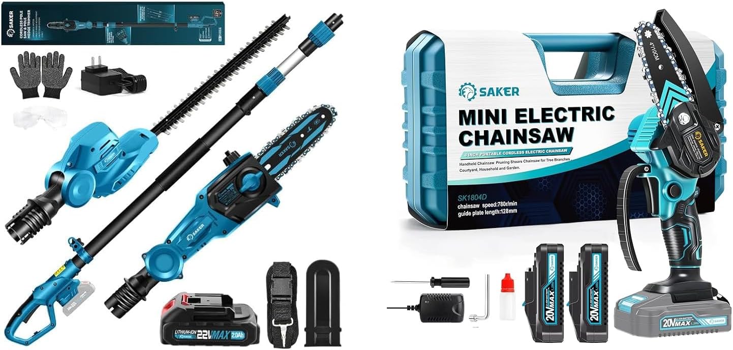 Saker Mini Chainsaw AND Saker Pole Saw and Pole Hedge Trimmer for Tree Trimming