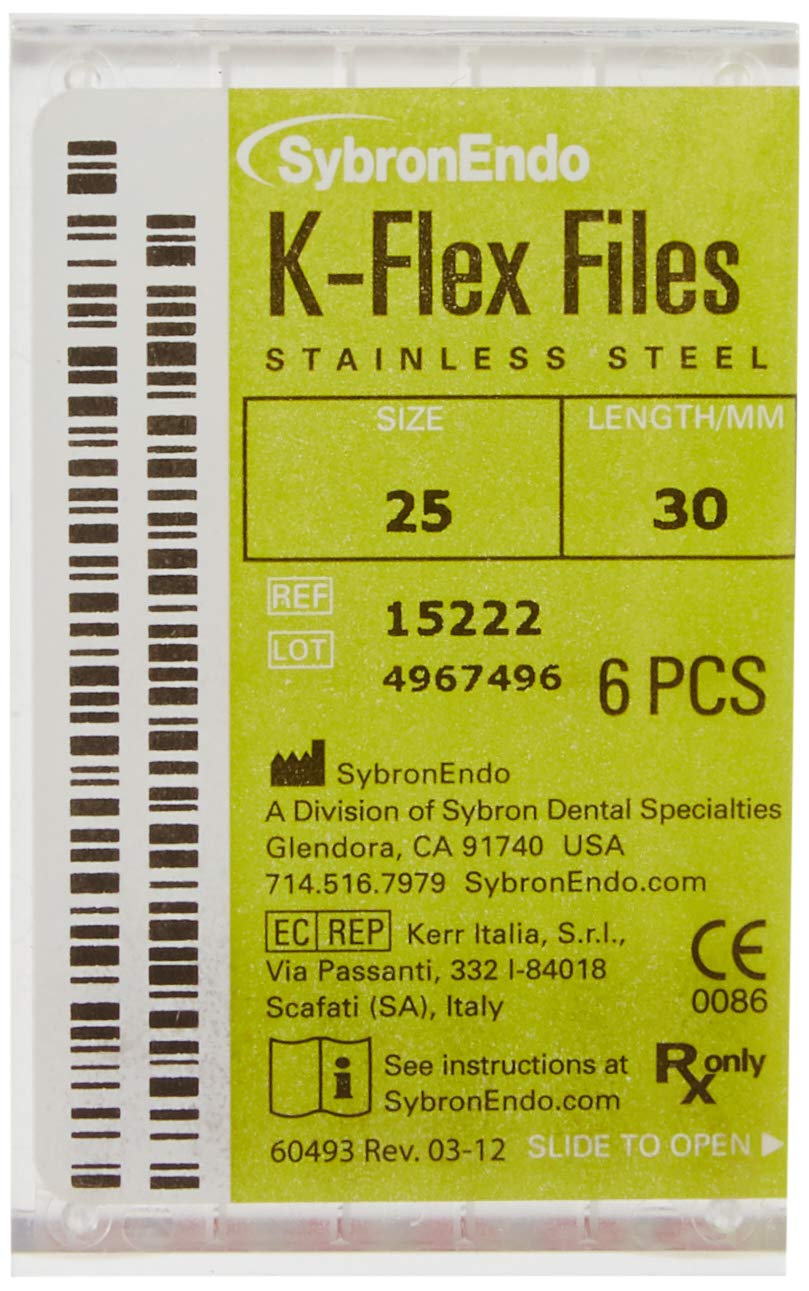 SybronEndo 15222 Endo Hand K-Flex File, 0.02 mm Taper, 30 mm Length, Stainless Steel, 25 Tip Size, Red (Pack of 6)