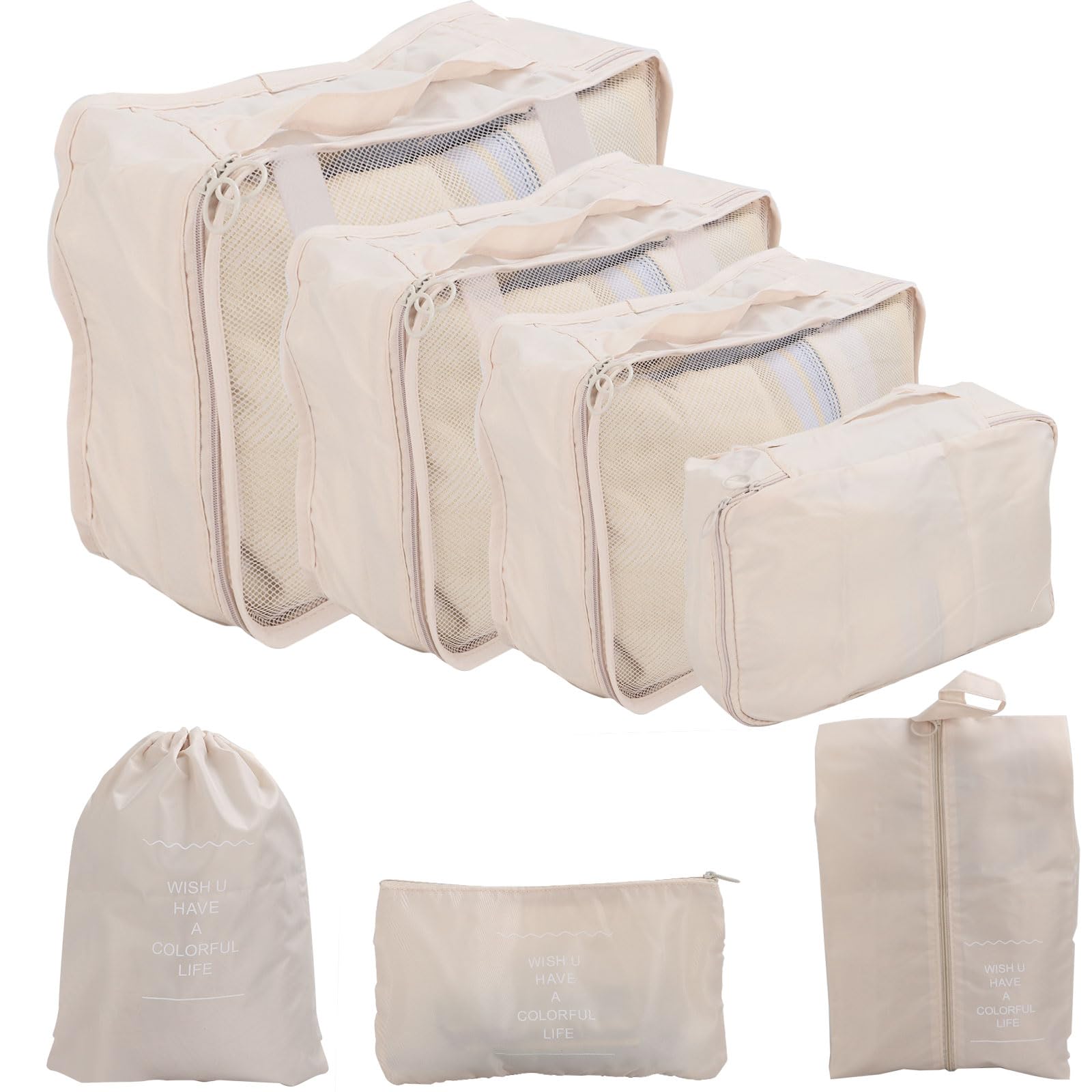 Aselected 7 PCS Travel Organiser Packing Bags Packing Cubes Travel Luggage Packing Organizers Clothes Shoes Cosmetics Toiletries Storage Bags (Beige)