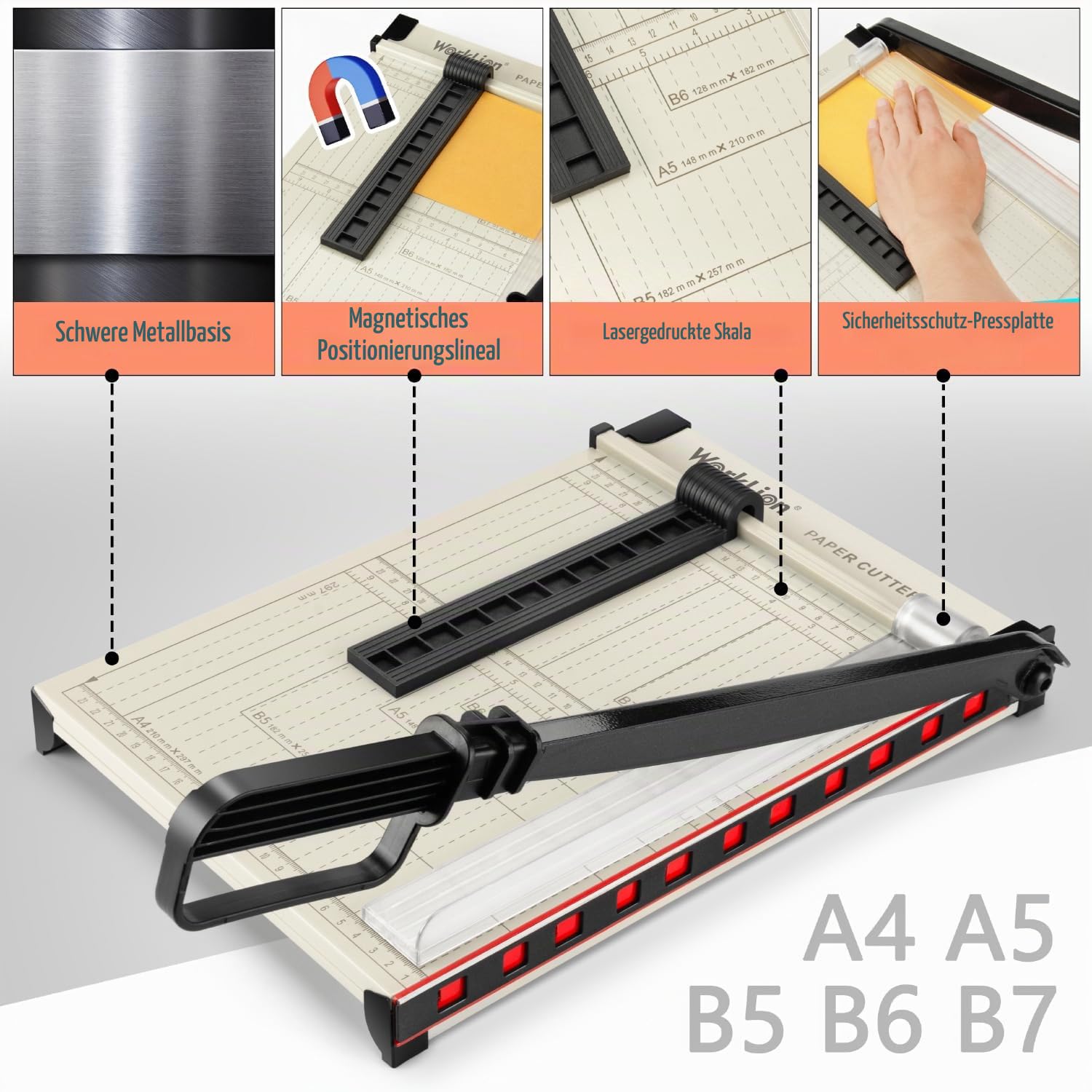 WORKLION Hebelschneider A4 – robuster Papierschneider mit Sicherheitsschutz, 15 Blatt Kapazität, Präzisions-Schneidemaschine zum Schneiden von Papier, Karten, Fotos, Vinyl und mehr mit