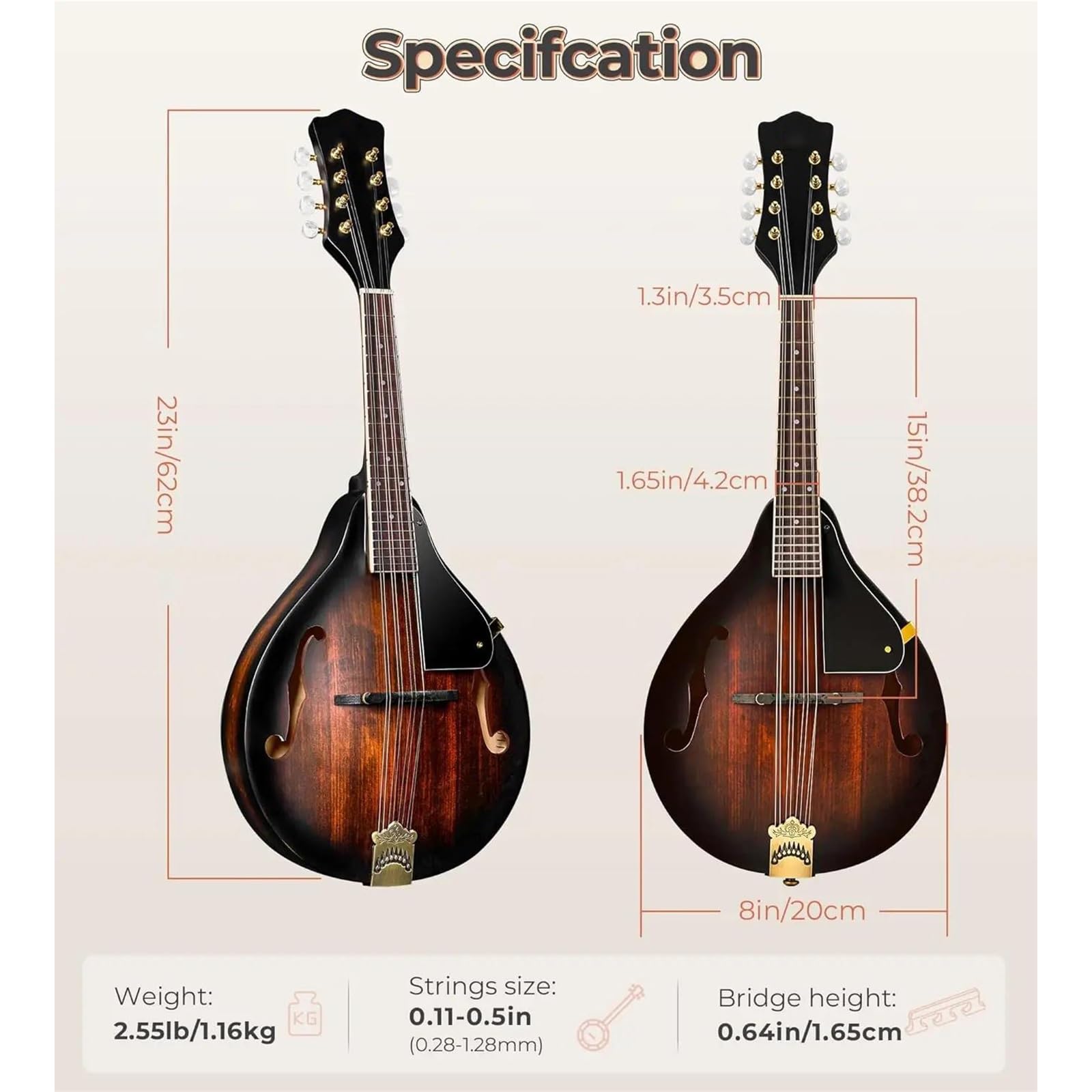 Mandoline De Pour Débutants Mandoline Acoustique De Style A, Instrument De Musique, Mandoline À 8 Cordes En Épicéa Massif Pour Débutants Et Adultes