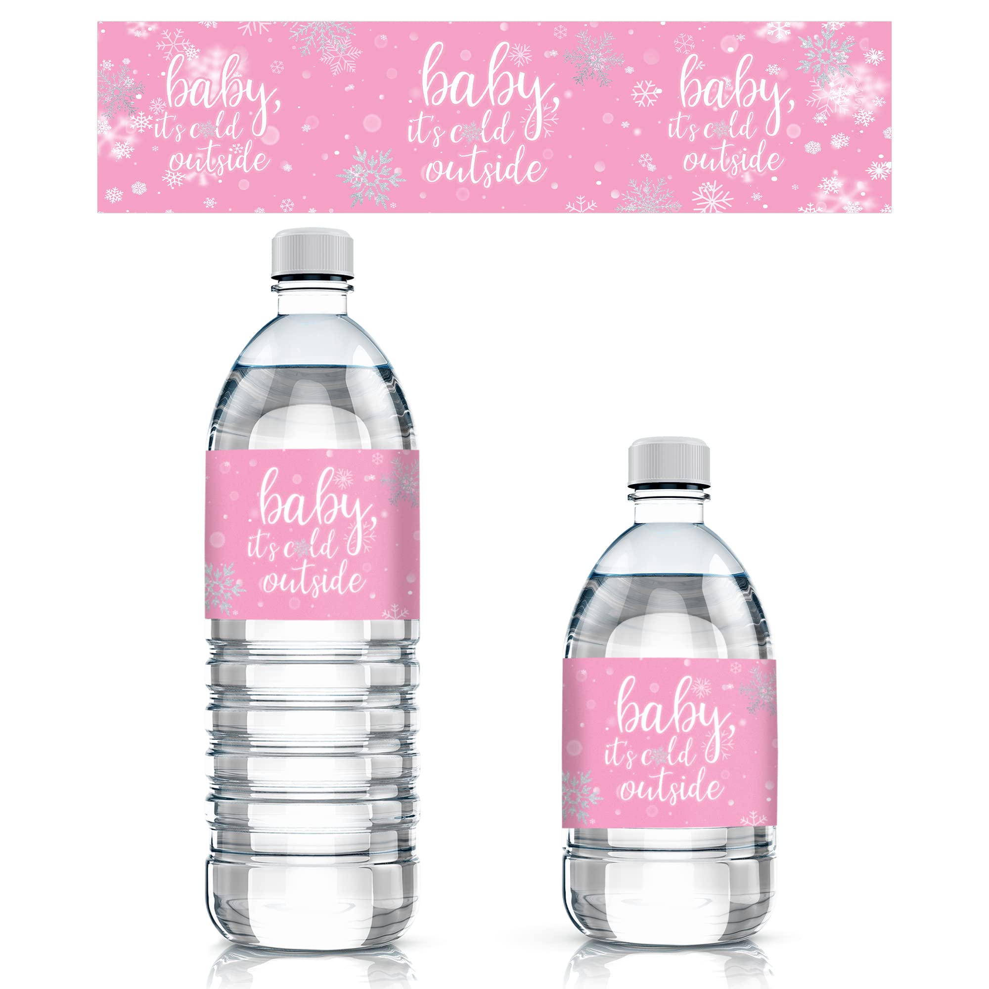 Pink Little Snowflake Winter Baby Shower Water Bottle Labels, Baby It's Cold Outside - 24 Stickers
