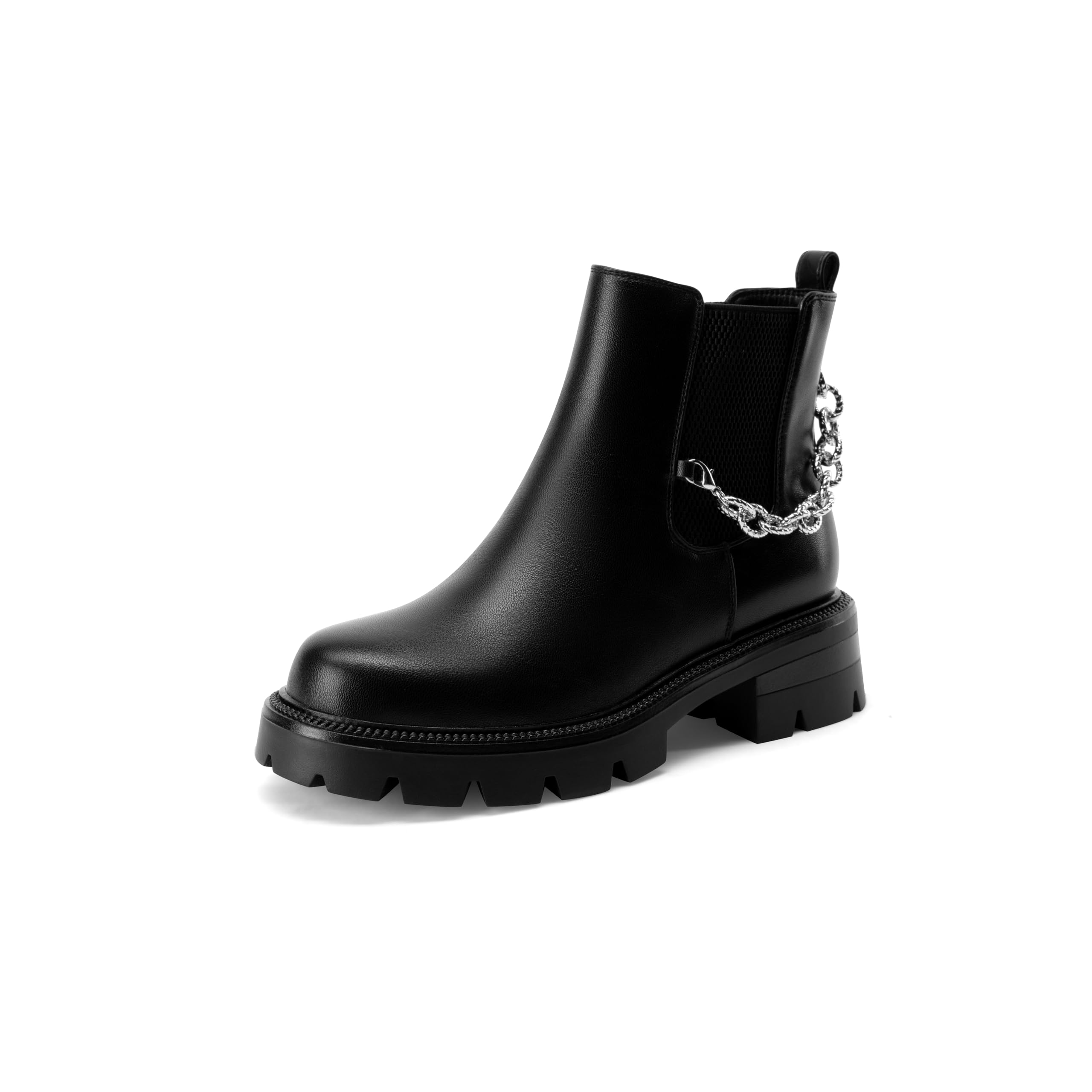 Women's Chain Black Platform Lug Sole Low Chunky Heel Chelsea Boots Slip on Fashion Ankle Booties