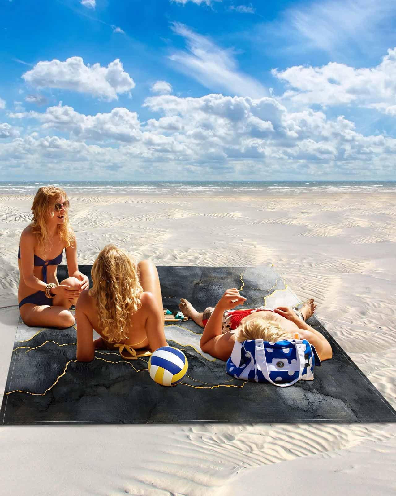 Beach Blanket Sandproof Waterproof Picnic Blankets Gray Gradient Marble Gold Stripe Extra Large Lightweight Outdoor Beach Mat with Corner Pockets for Travel/Camping/Hiking Luxury Modern Art