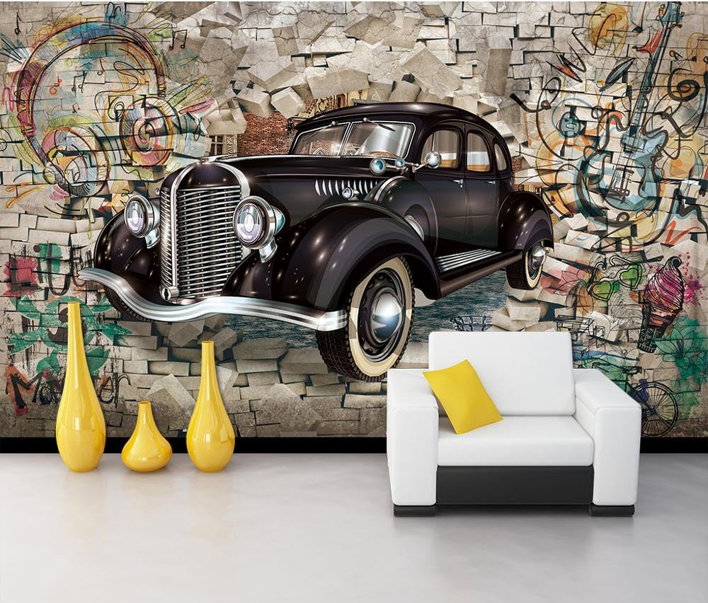 Papier peint panoramique salon vintage trompe l'œil 3D auto de collection