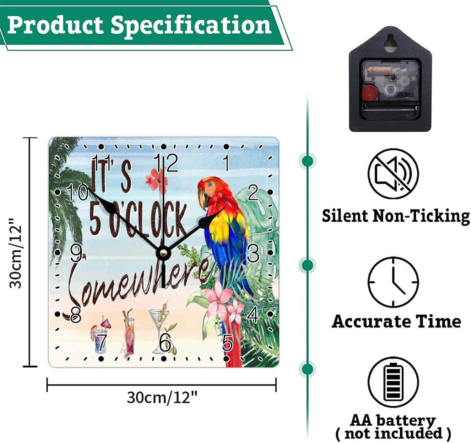 Funny Summer Parrot Wall Clock Summer Beach Square Clocks It's Five O'clock Somewhere Decorative Clocks Battery Operated 12 Inch Rustic Cabin Wall Home Decor Living Room Decor