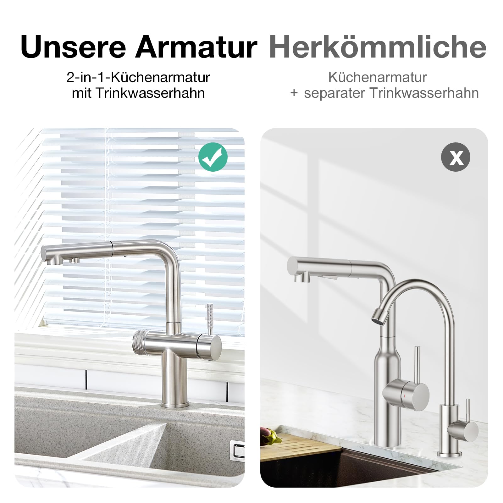 Faustina 3 Wege Küchenarmatur mit Brause ausziehbar, Doppelhebel Armatur Wasserhahn Spültischarmatur Trinkwasserhahn Küche für Osmoseanlage Umkehrosmose und Wasserfilter gebürstet