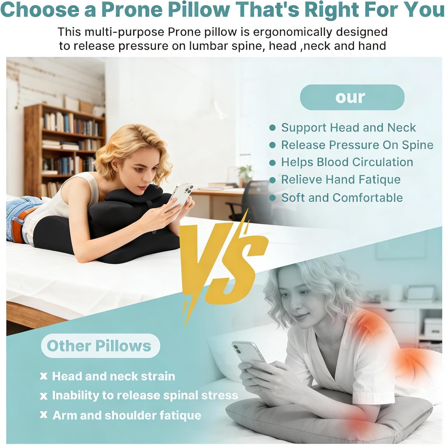 27° Ergonomic Memory Foam Support Pillow, Angled Wedge Cushion for Neck, Back & Multi-Position Comfort (Purple & White)