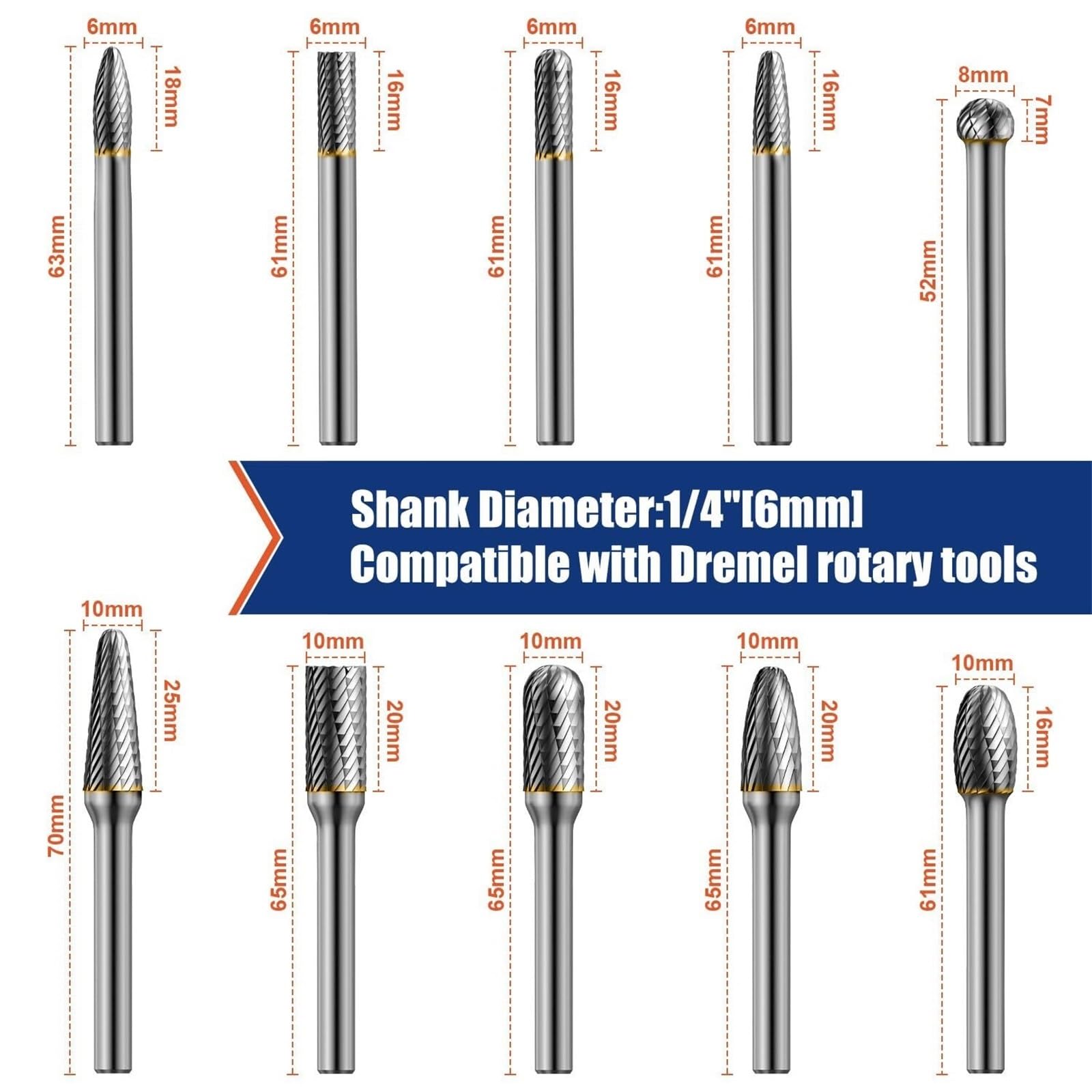 10pcs Tungsten Carbide Rotary Burr Set 1/4inch Shank, Double Cut Die Grinder Bits for Metal, Steel, Wood Carving, Grinding