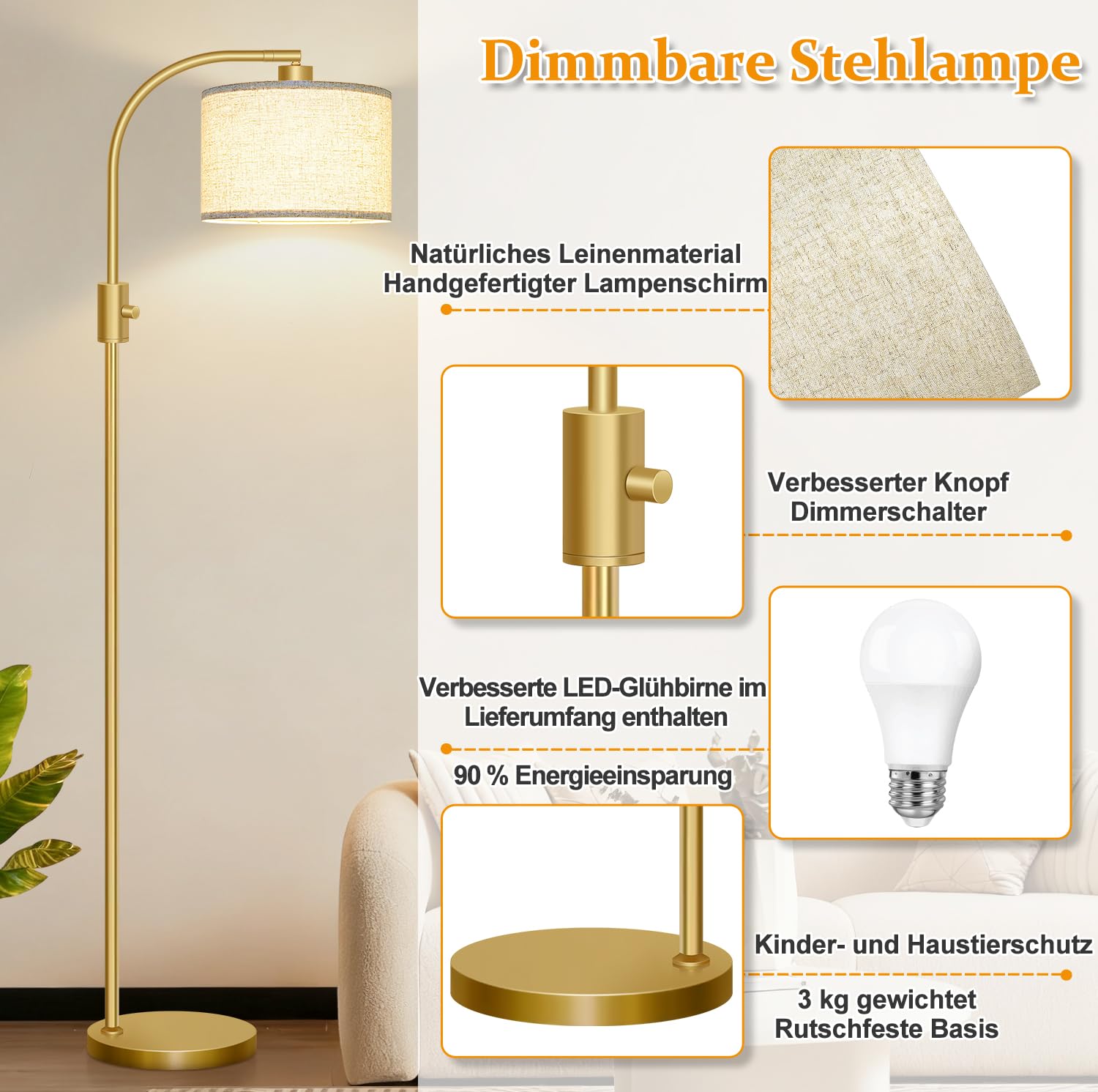 Nintiue Stehlampe Wohnzimmer, 165cm Stehleuchte Dimmbar Bogenlampe mit Drehbarer Lampenschirm und 1200lm Glühbirne, Led Stehlampe für Kinderzimmer, Büro, Schlafzimmer
