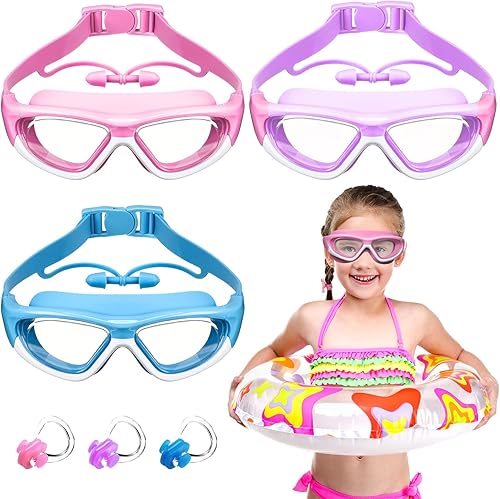 Kathfly 3 gafas de natación con tapones para los oídos y clip para la nariz gafas para niños de 3 a 12 años antiniebla sin fugas impermeables gafas