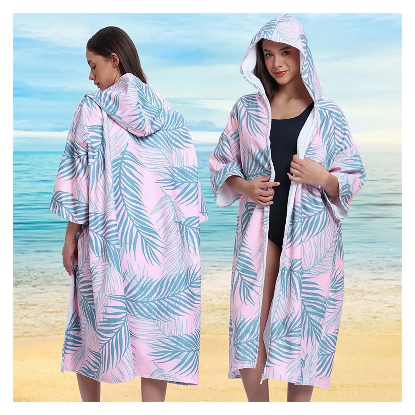 Toalla de baño con Capucha for Adultos - Toalla de Playa con Estampado Floral Azul y Cremallera, poliéster de Secado rápido for Piscina y Playa(Pink)