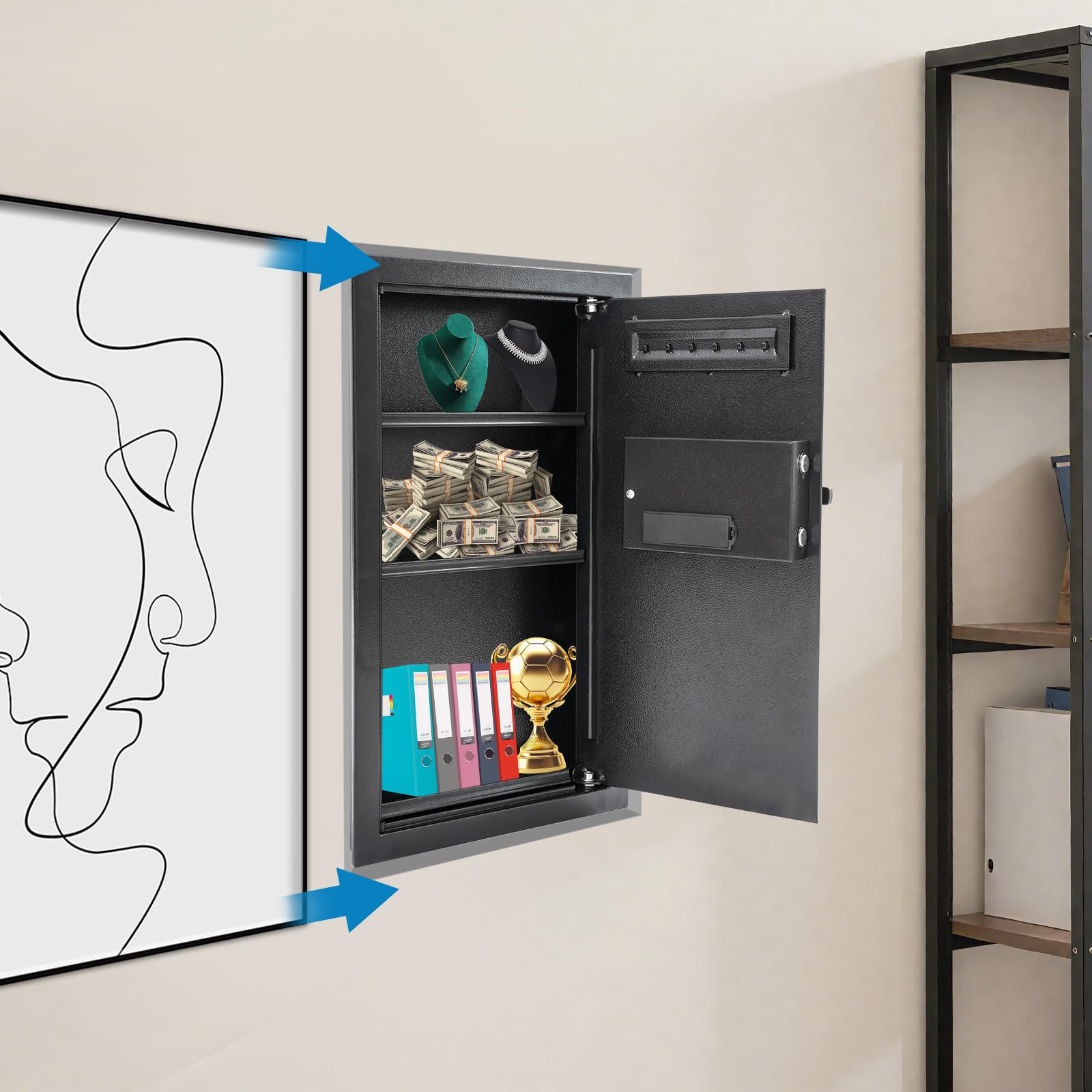 Cassaforte elettronica da parete – Cassaforte per mobili in acciaio con codice e chiave, antieffrazione, sistema di allarme per gioielli, denaro, documenti (37 x 10 x 65 cm)