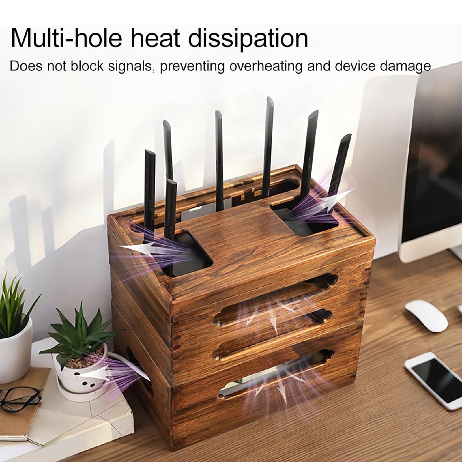 Schowek na Router WiFi, Szafka do Przechowywania Routera, Drewniany Organizer do Zarządzania Kablami, Biurkowy Schowek Wielowarstwowy WiFi, dos Domu I Biura(23.5cm/9.2in)
