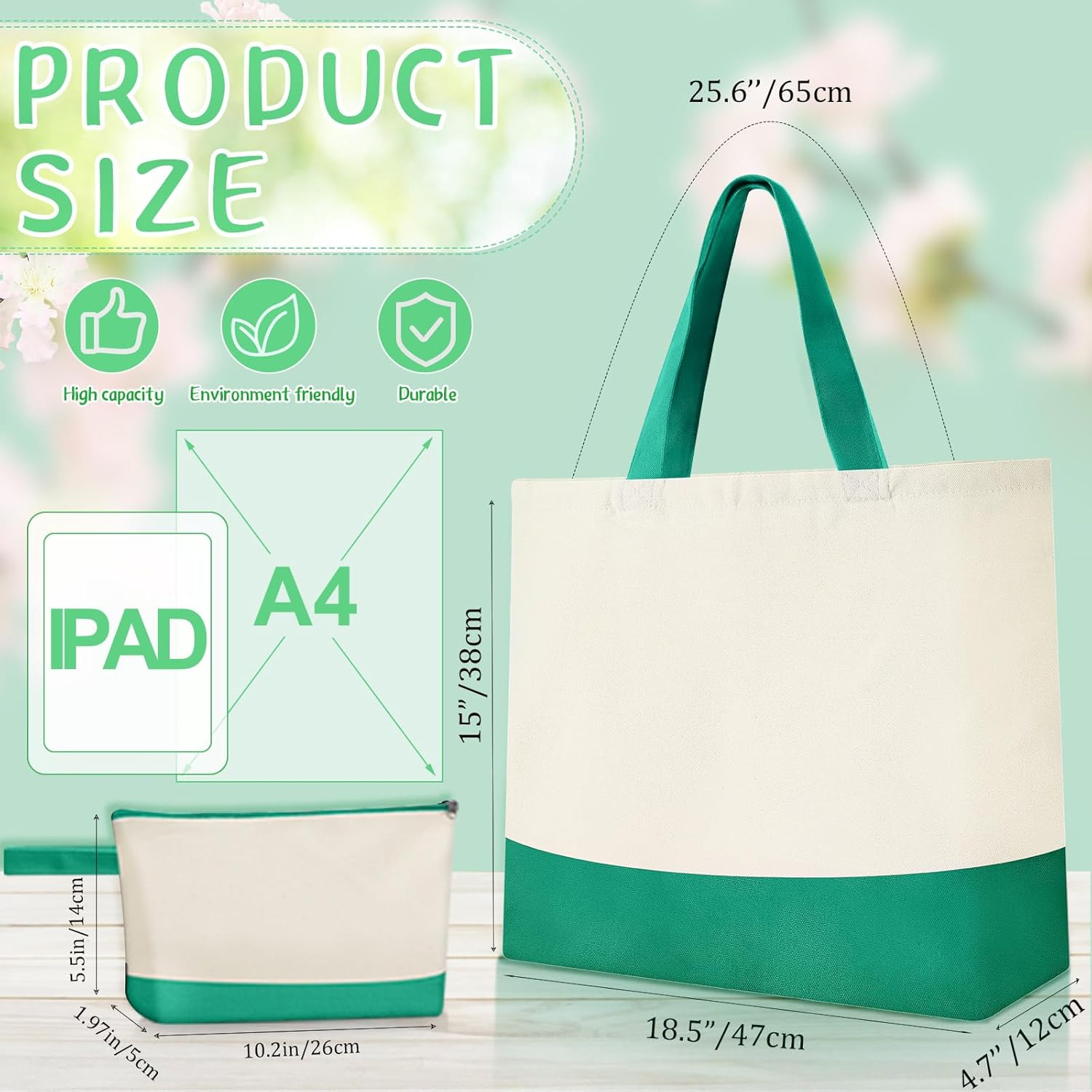 Sanwuta 30 Pcs Canvas Tote Bags Bulk with Zipper Cosmetic Pouch 18.5" Reusable Cotton Shopping Bag with Handle for DIY Craft (Teal-beige) - Image 2