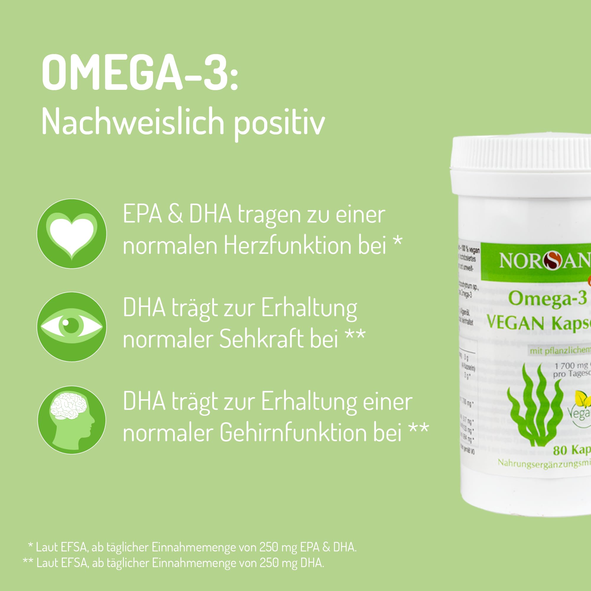NORSAN Premium Omega 3 Vegan Kapseln 2er Pack (2x 80 Stück) - 1.700mg Omega 3 pro Tagesdosis - vegane Algenöl Kapseln mit hohem EPA- & DHA-Anteil - Algenöl aus nachhaltigem Anbau